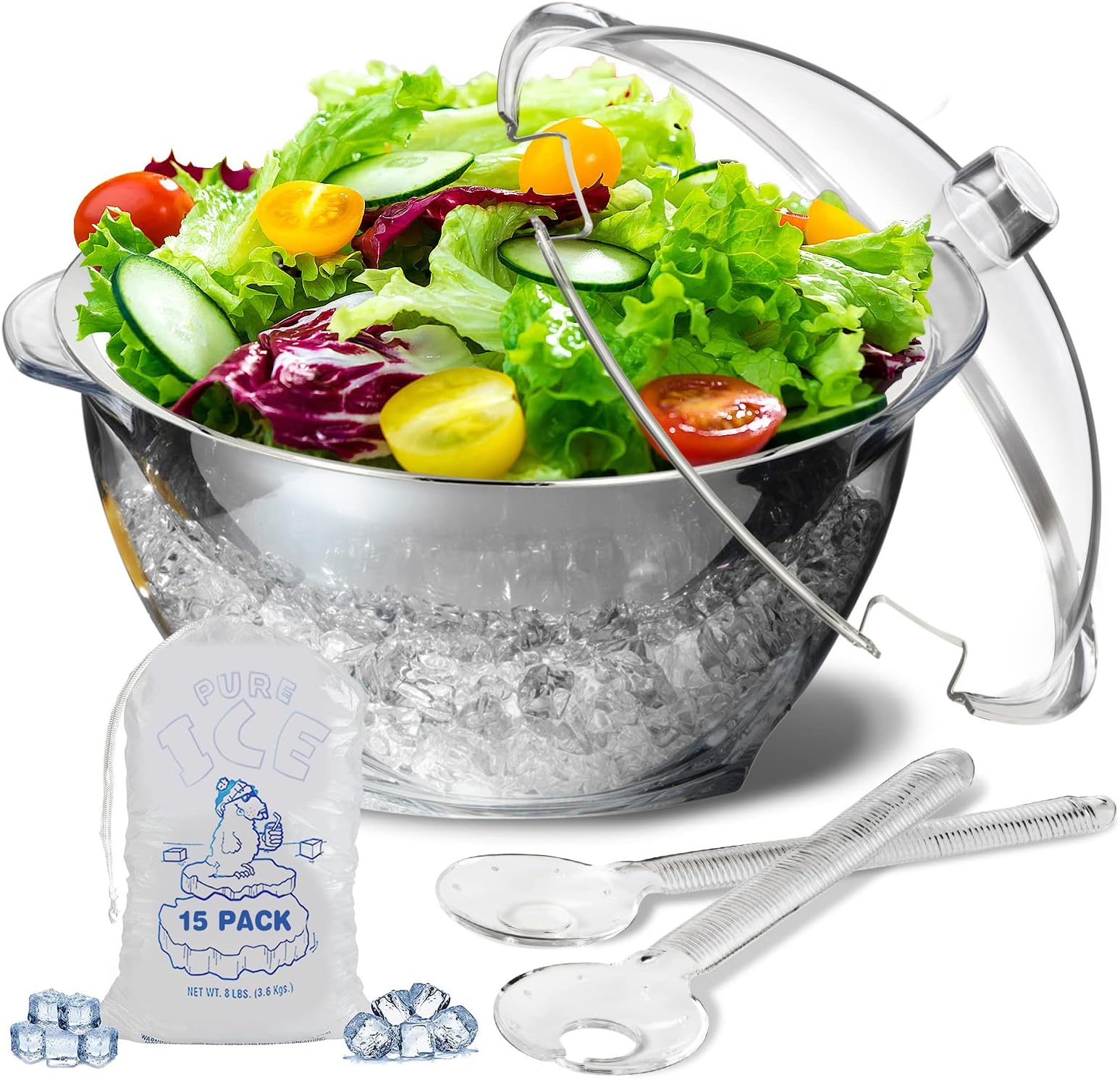 LIMOEASY Iced Salad Bowl, 4.5 Qt Large Chilled Serving Bowl with Lid for Parties, Ice Bowls to Keep Veggie, Fruit, Potato, Pasta Cold, Unique Gift for Women