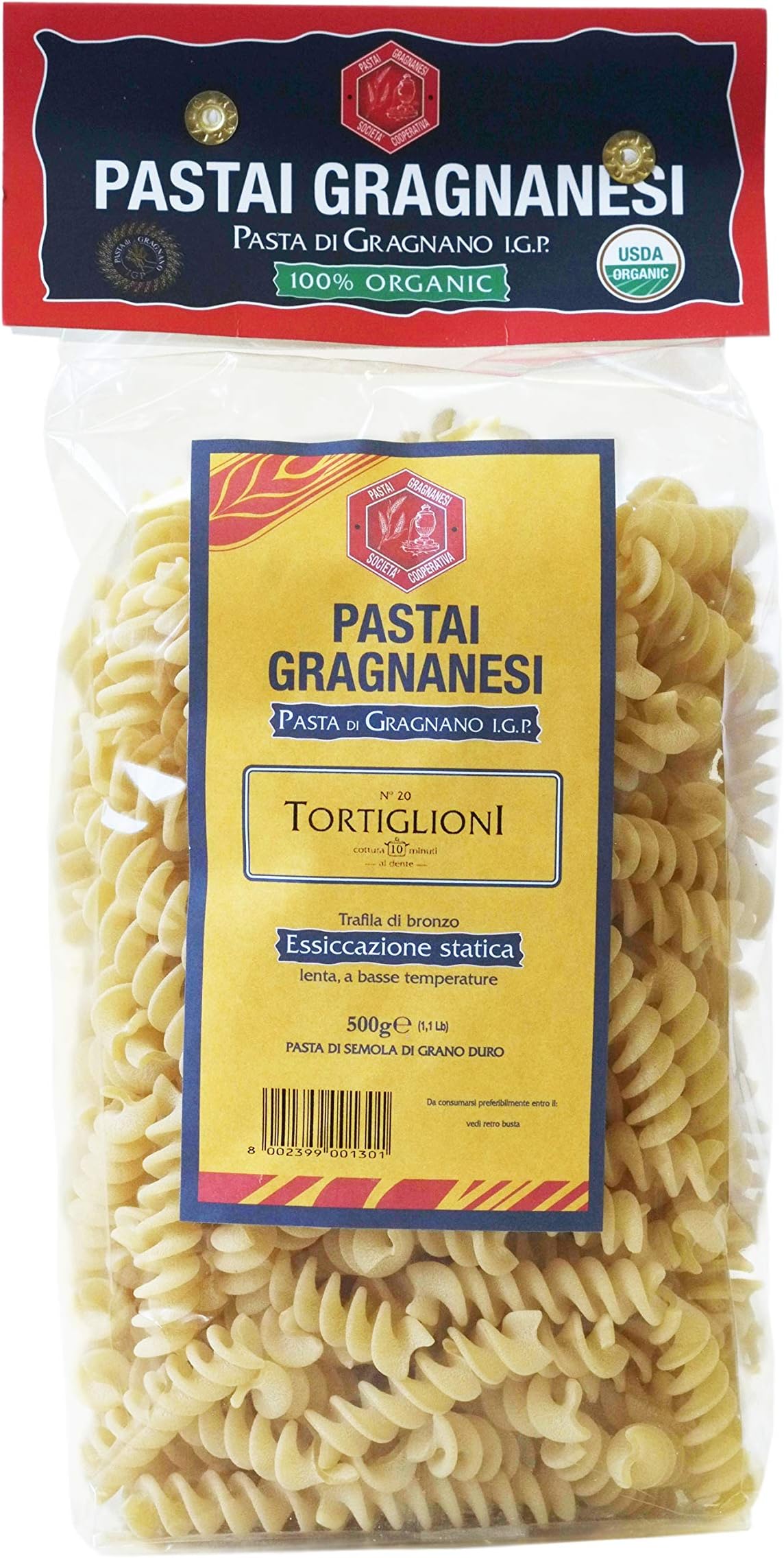 Tortiglioni Fusilli Organic Italian Pasta di Gragnano I.G.P. | Pastai Gragnanesi | USDA Certified Organic| 17.6oz (500g) | Pack of 4
