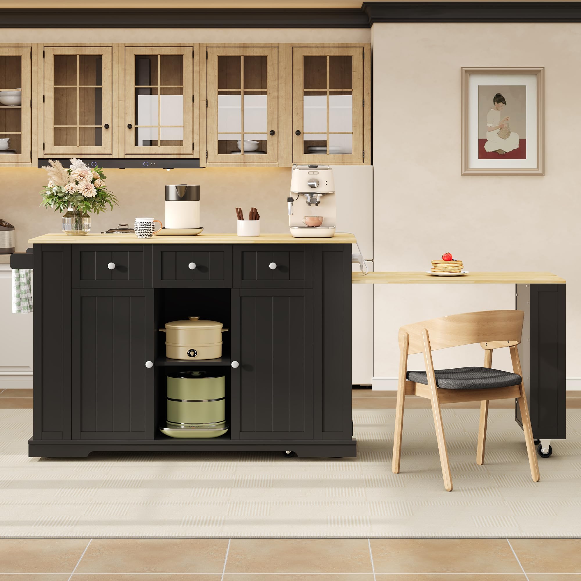 Isola cucina mobile con tavolo da pranzo allungabile, tavolo bar a scomparsa, 7 ruote, ripiani regolabili, 138 (213) x 55 x 93 cm, nero+naturale