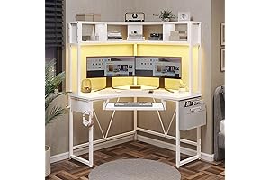 Soothing and Space-Saving White Corner Computer Desk with Multiple Functional Spaces
