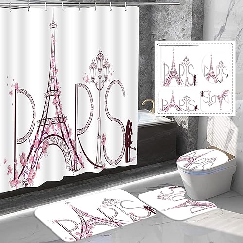 Juego de 4 cortinas de ducha con diseño de Torre Eiffel de París con tapete de baño, letras de París, flores rosas para pareja, viaje, tapete de