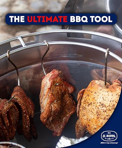 Miniatura 3 de El Barril Lite - Parrilla ahumadora de barril mediano, acero inoxidable 430, capacidad de 30 libras, 12 ganchos de carne, parrilla superior y