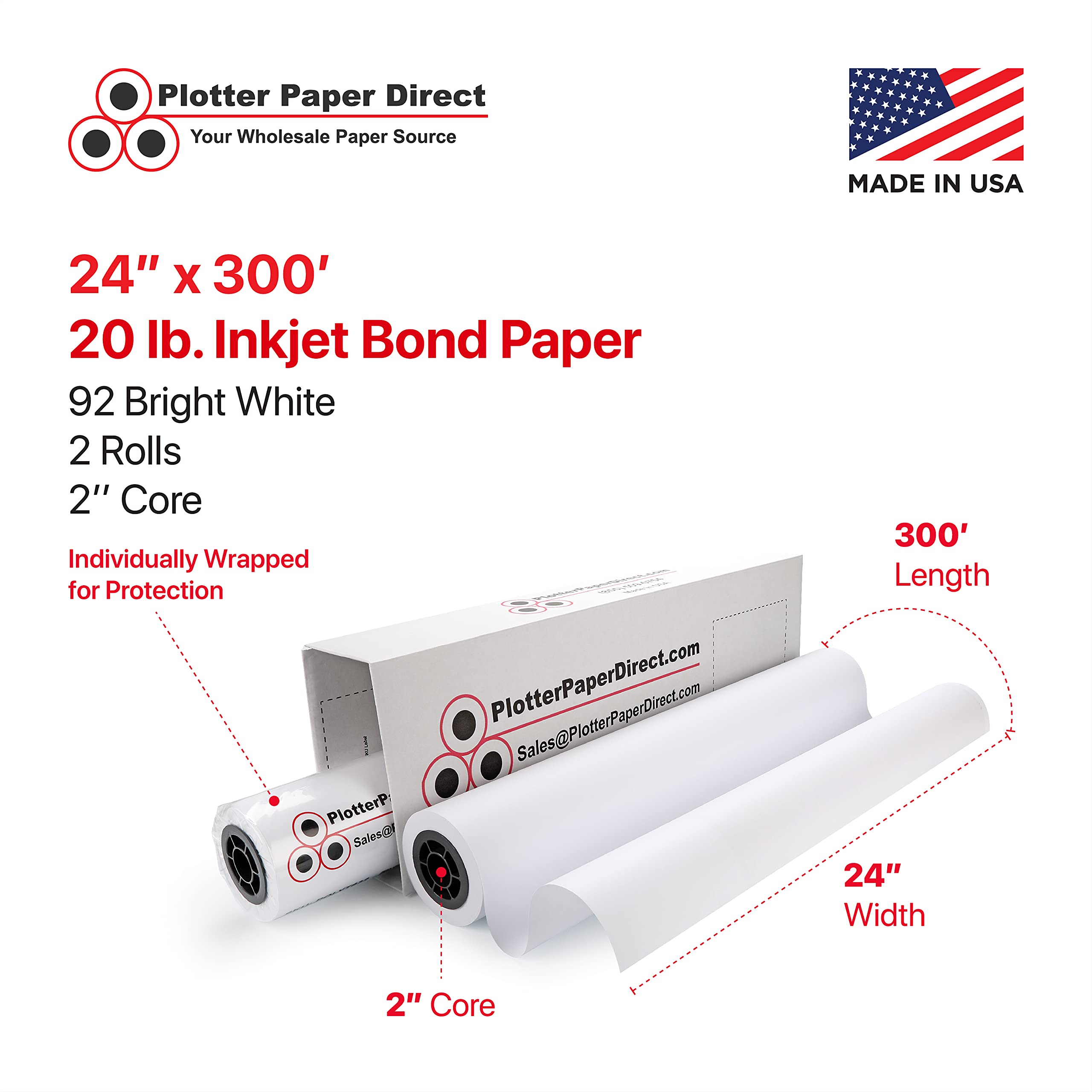 Plotter Paper Direct (20 libras | 2 rollos, 24 pulgadas x 300 pies | núcleo de 2 pulgadas) rollo de papel de inyección de tinta sin revestimiento