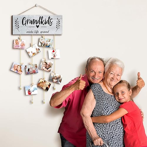 Miniatura 5 de Marco de fotos para regalos de abuela, marco de fotos para nietos con clips de madera y cuerdas redondas de cuentas para decoración del hogar, 15 x