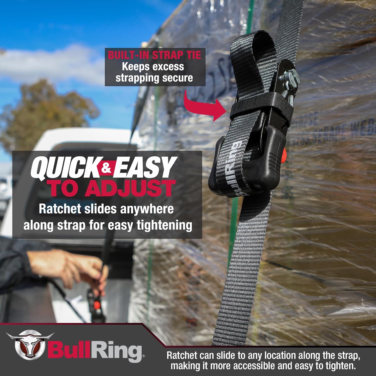 Bull Ring Sliding Ratchet Tie Down Straps – Includes (2) Heavy-Duty 1.25" x 12' Straps, 3,000lb Break Strength for UTV, Motorcycle, Car, Truck, Trailer (2 Pack)