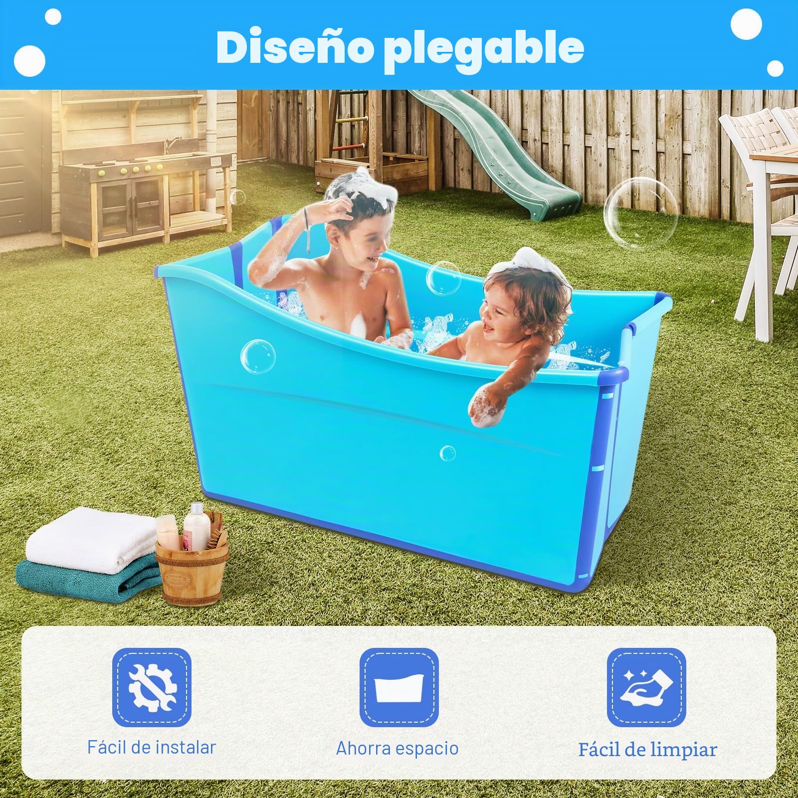Bañera plegable para adultos, plegable, construcción ligera, resistente, fácil de guardar Gran familia para ducha SPA, menos de 1,6 m personas, capacidad de carga 90 kg, azul