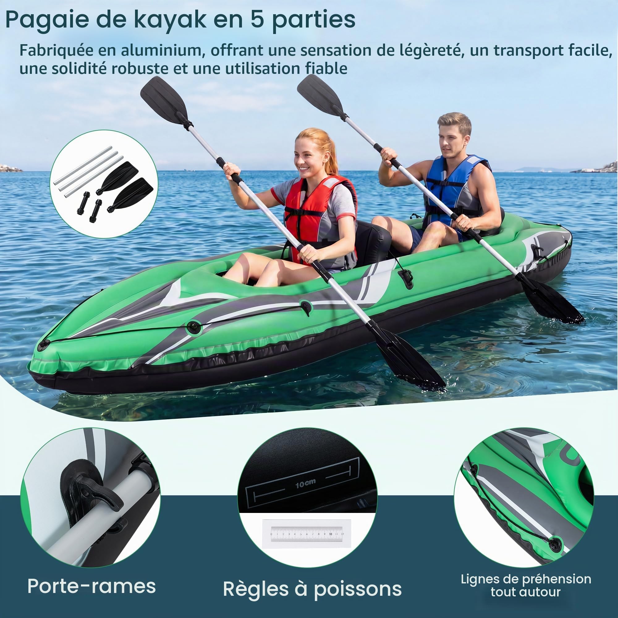 HOMASIS Kayak Gonflable 2 Places, Canoë Bateau Adulte en PVC avec Pagaie Aluminium, Pomp, Sièges, Charge160 kg, pour Pêche et Loisirs, pour Lacs et Rivières