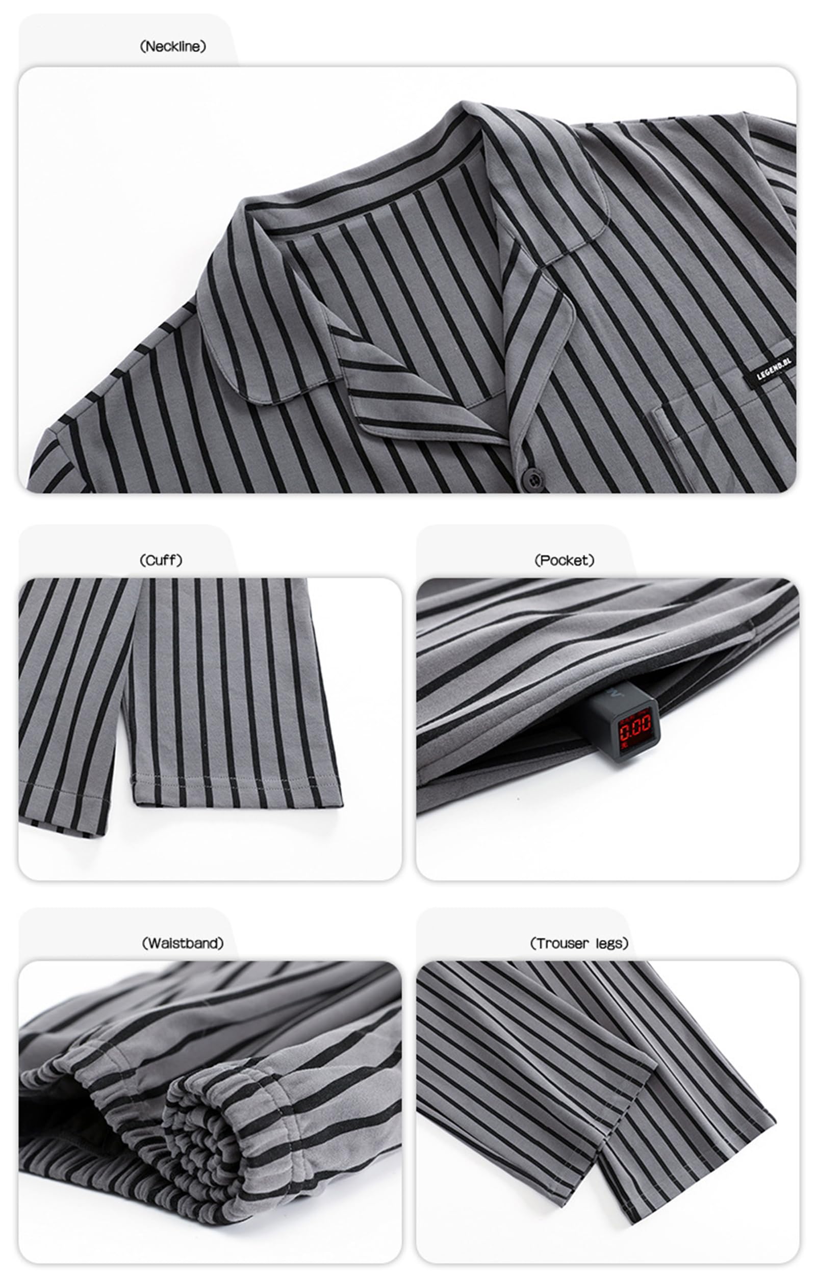 Pigiama Button-Down in Cotone da Uomo, 2 Pezzi di Pigiameria a Maniche Lunghe con Tasche
