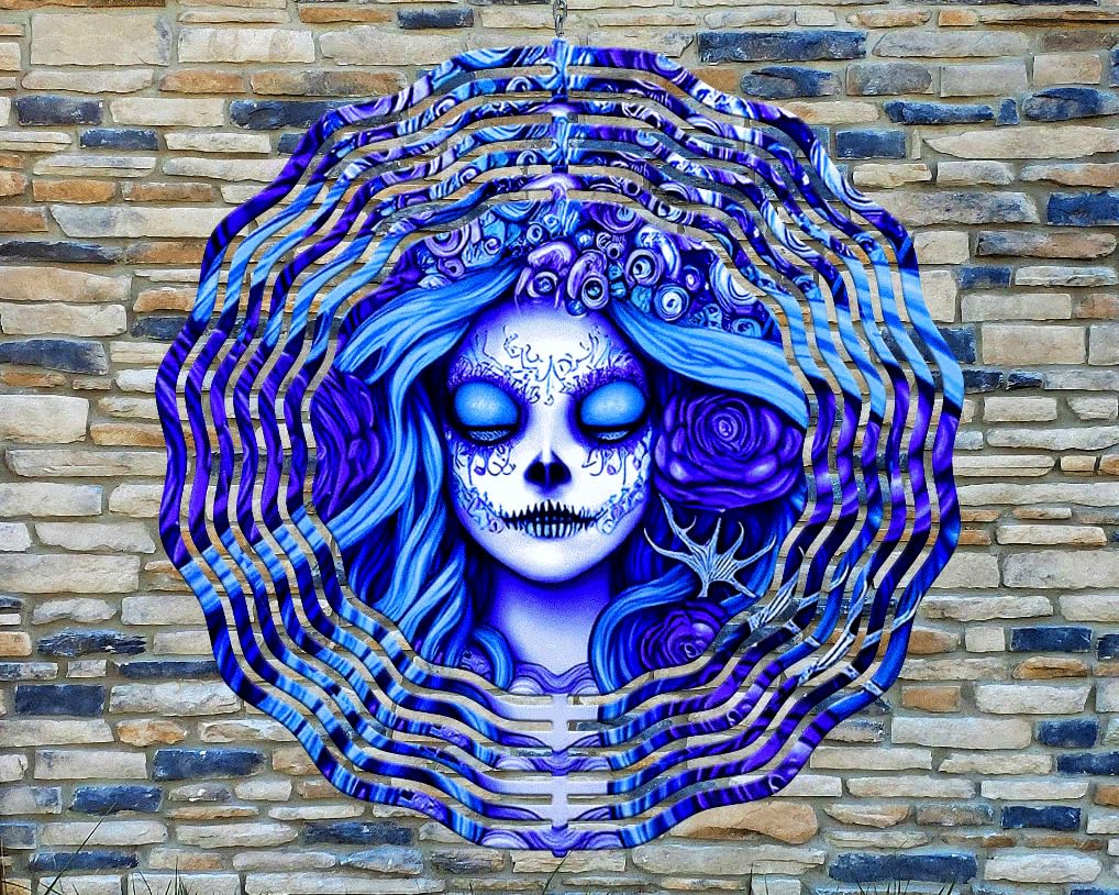 10 Inch Blue Day of The Dead Sugar Skull Wind Spinner Yard Decor Aluminum Sublimated Garden Art Indoor Outdoor 3D Kinetic RWS-166