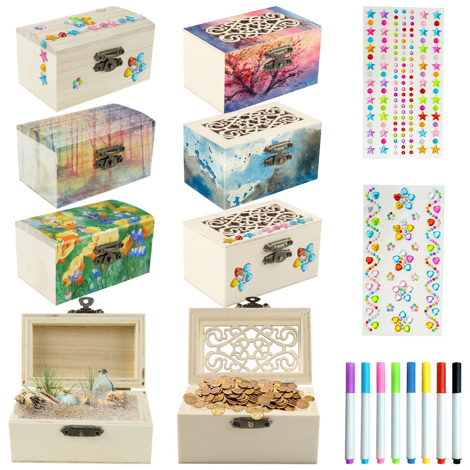ZIGefofo 8 Piezas Cofre del Tesoro de Madera con 2 Pegatinas y 8 Pluma de Acuarela Cajas de Madera para Decorar Creativas para Niños Set de Manualidades Fiesta Pirata Cumpleaños Bricolaje