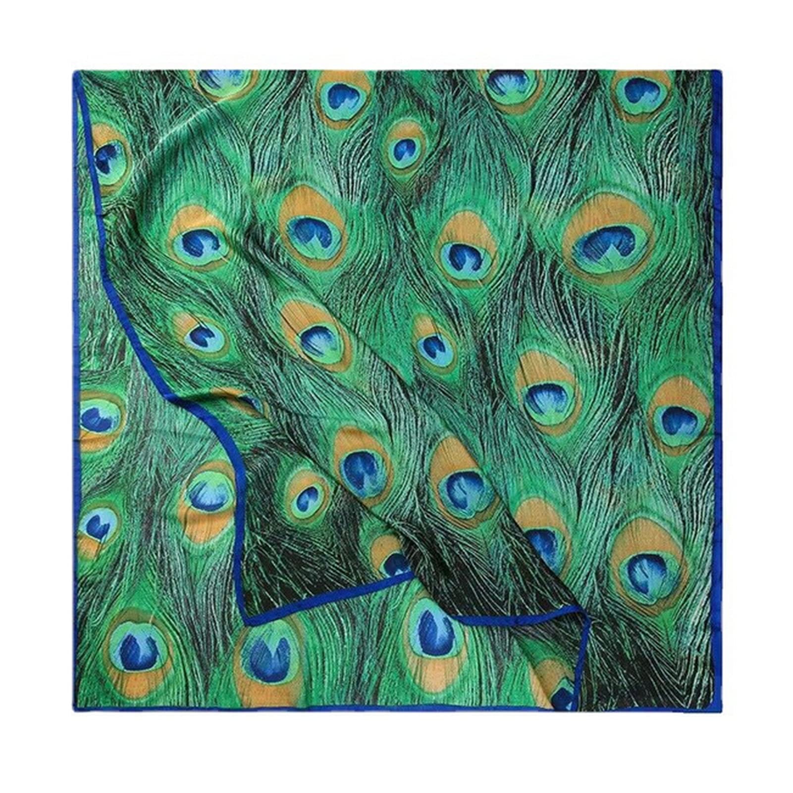 Women Silk Scarf Long Large Peacock Feather Print Wrap Shawl Scarves Headscarf, Green, One Size