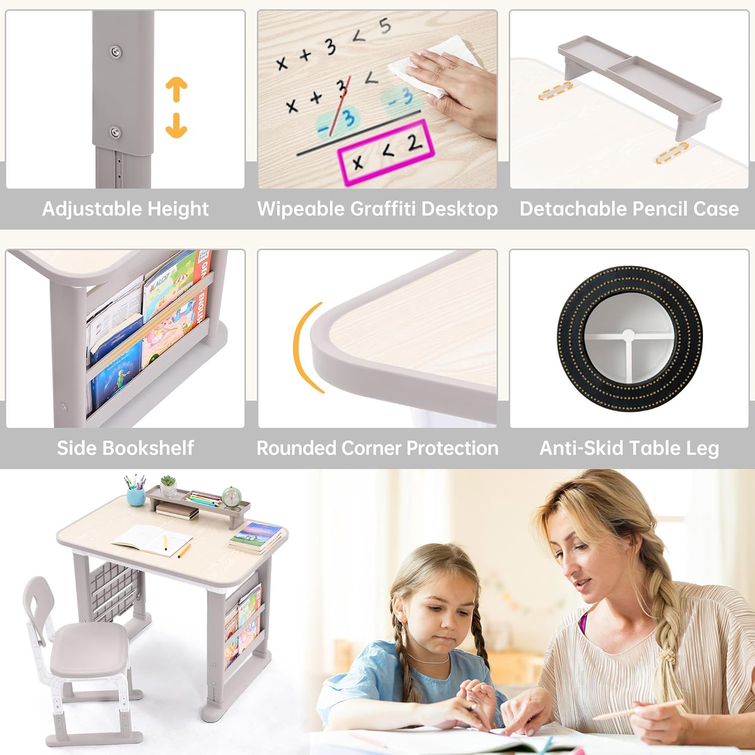Kids Desk and Chair Set, Height Adjustable Childrens Study Desk, Graffiti Table for 3-12 Years, Kids Art Table with Side Bookshelf and Storage, Multi-Functional for Bedroom & Study Room(Grey)