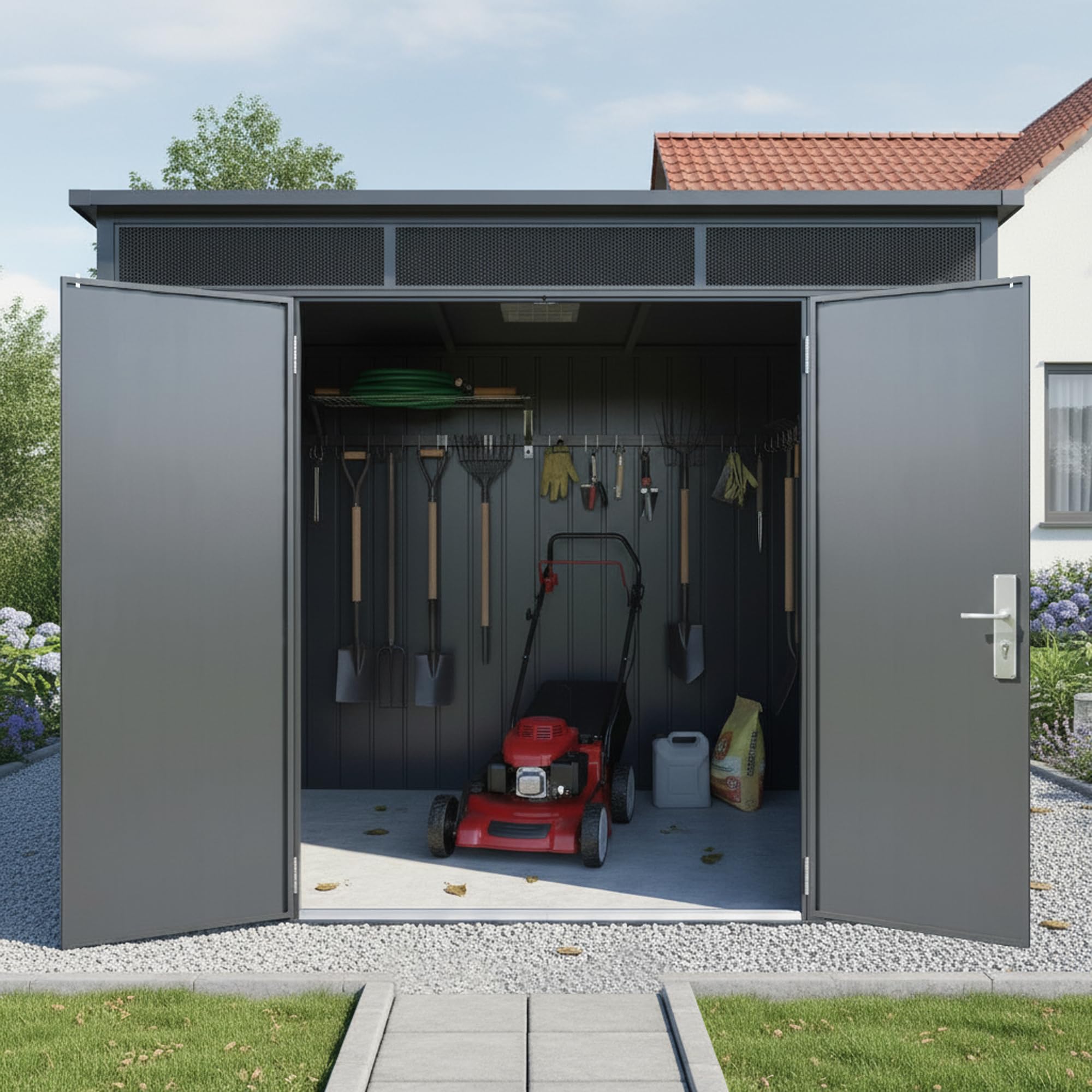 Gerätehaus Metall pulverbeschichtet anthrazit Pultdach 237x186x201/179 cm Tageslichtfenster Gasdruckdämpfer Schloss Lüftungsgitter 4m²