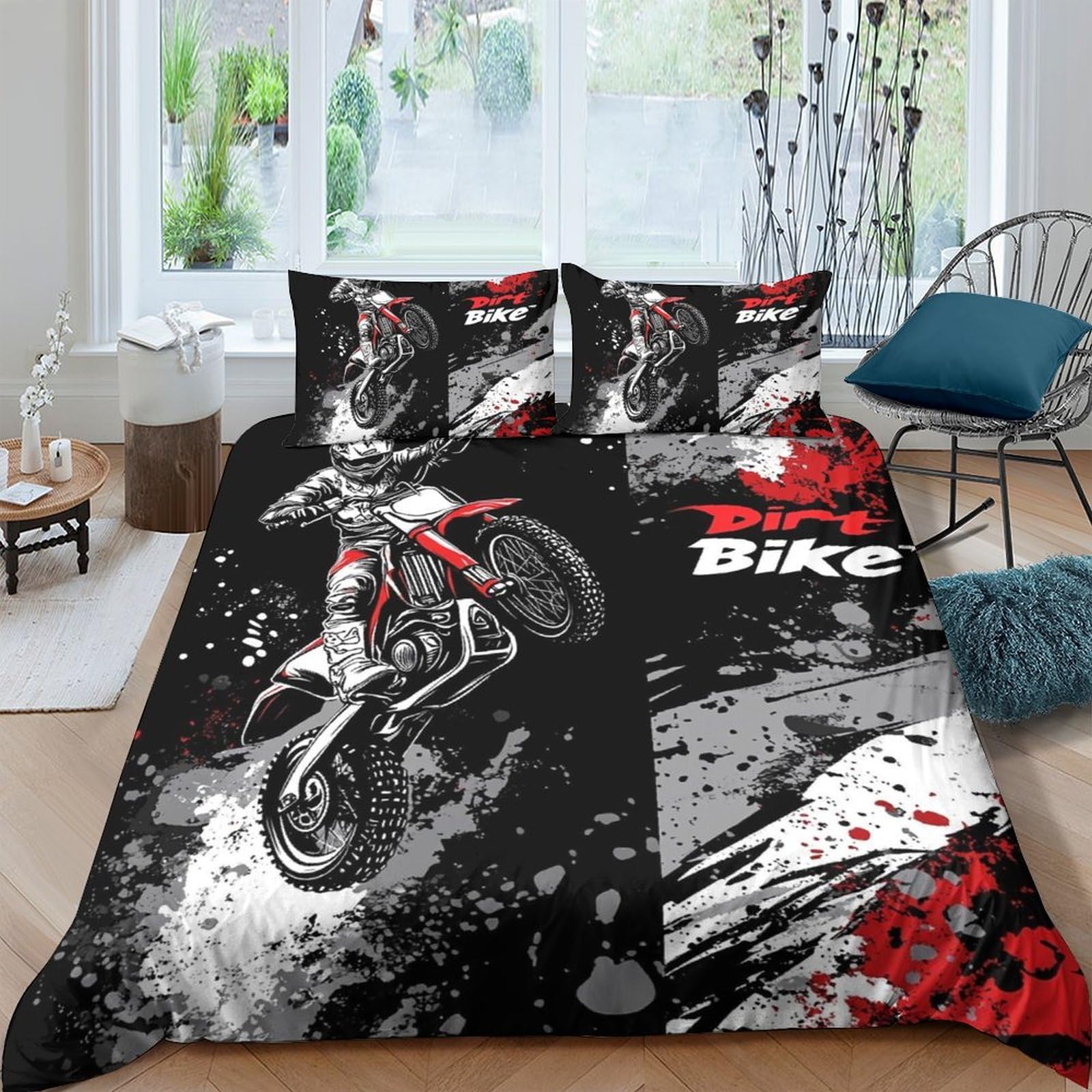 Ctjqhvkz Style-8 3D Printed Motocross Bike Fitted Sheet Microfiber Soft Black Red Splash Bed Cover For Bedroom Dorm Room Mattress Protector Single（135X200cm）