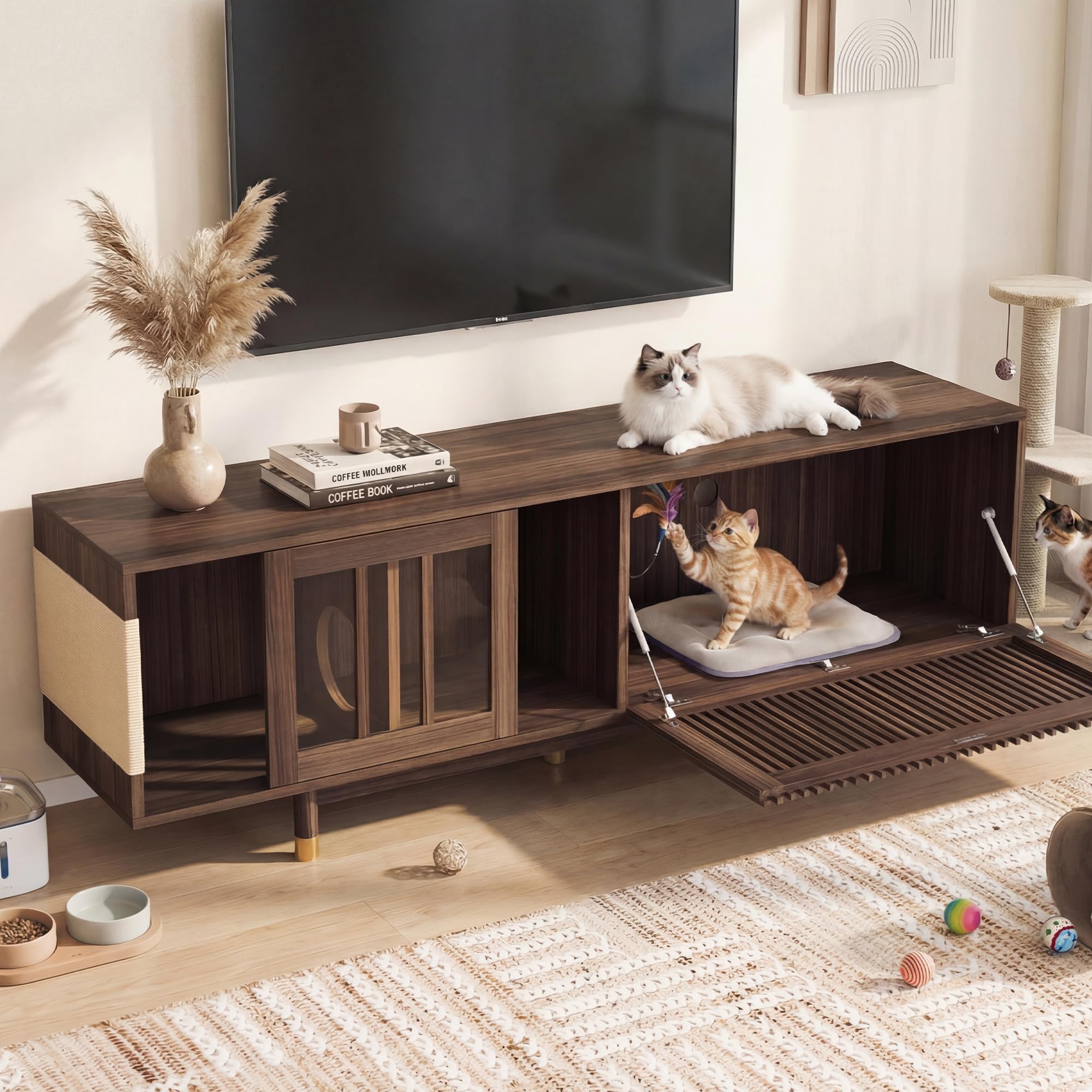 TV Stand with Cat House Litter Box & Scratcher Board, Wood Entertainment Center with Storage & Sliding Door, TV Media Console for Living Room