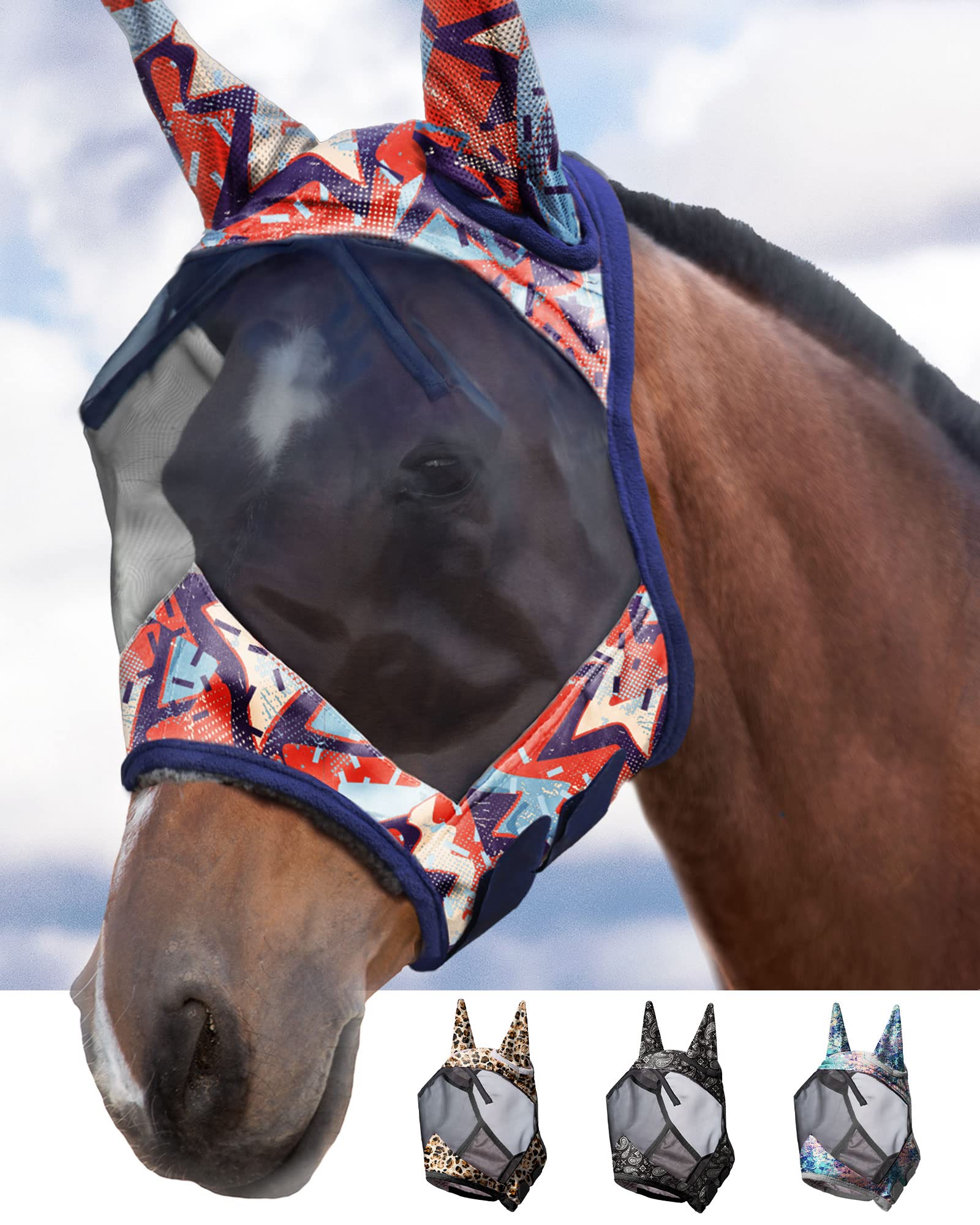 Harrison Howard CareMaster Máscara de Mosca de Caballo Estándar con Orejas Protección UV para Caballo-Estampado de Leopardo (L) — view 6