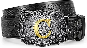 Western Cowboy Leather Belt Men Women, Gold Initial Letters ABCJMZ Buckle Embossed Belt for Jeans