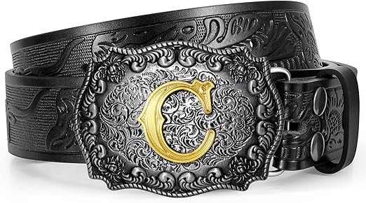 Western Cowboy Leather Belt Men Women, Gold Initial Letters ABCJMZ Buckle Embossed Belt for Jeans