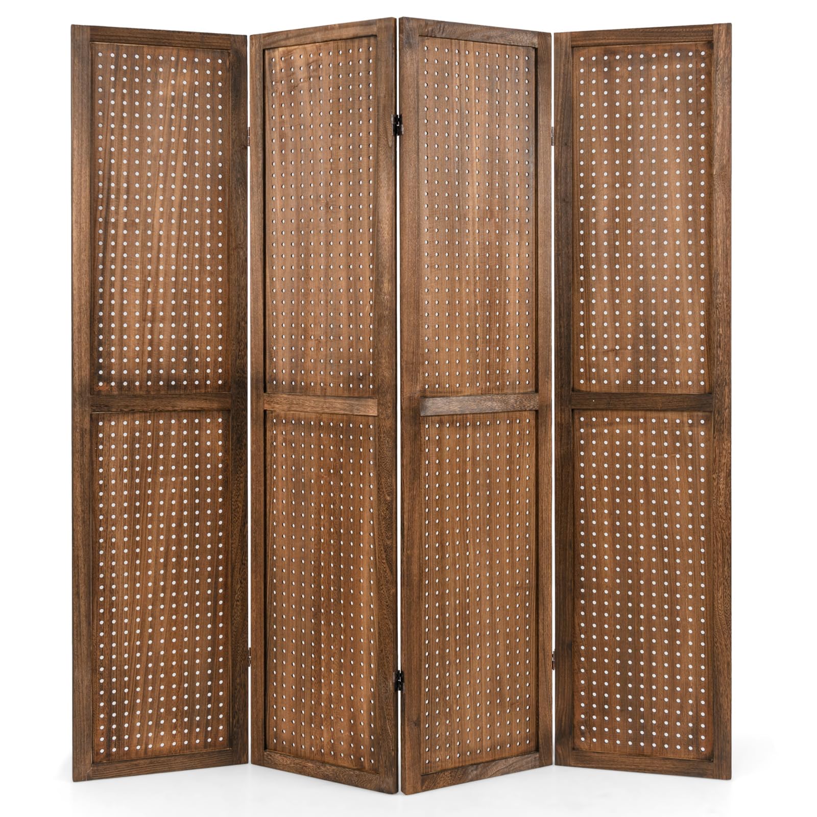 Multigot 4 Panel Room Divider, Folding Wall Protective Screen with Pegboard Display, Wooden Hinged Paravent Partition Separator for Bedroom Living Room Office (Brown, 160 x 170 cm)