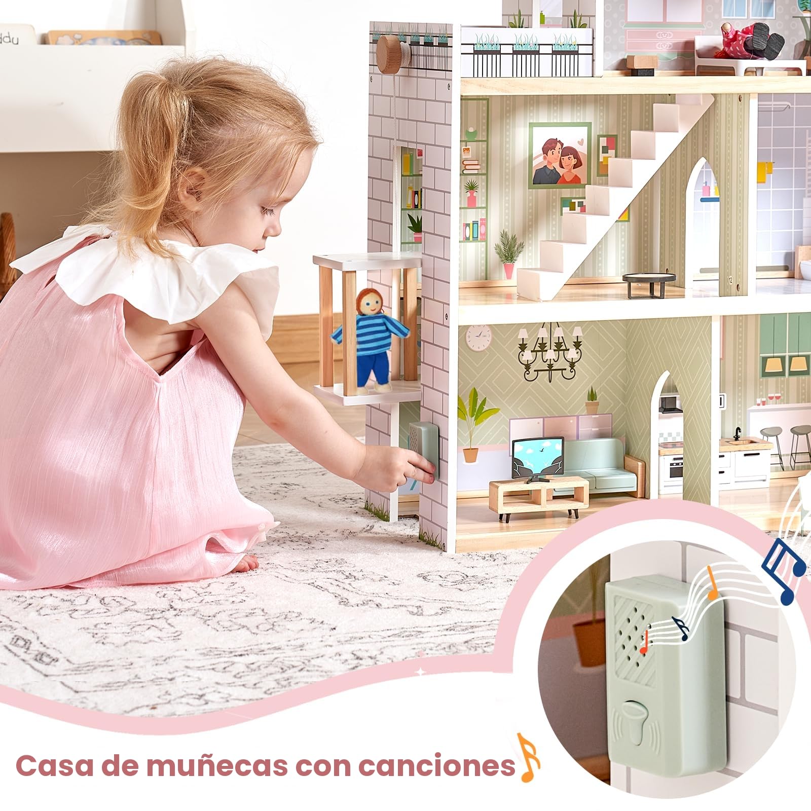 Giant Bean Casa de Muñecas Madera, 80 cm Casa Muñecas Madera de Altura con Elevador, Timbre, Luz, 15 Muebles y 3 Muñecas, Regalo de Juguete para Niñas de 3 Años +
