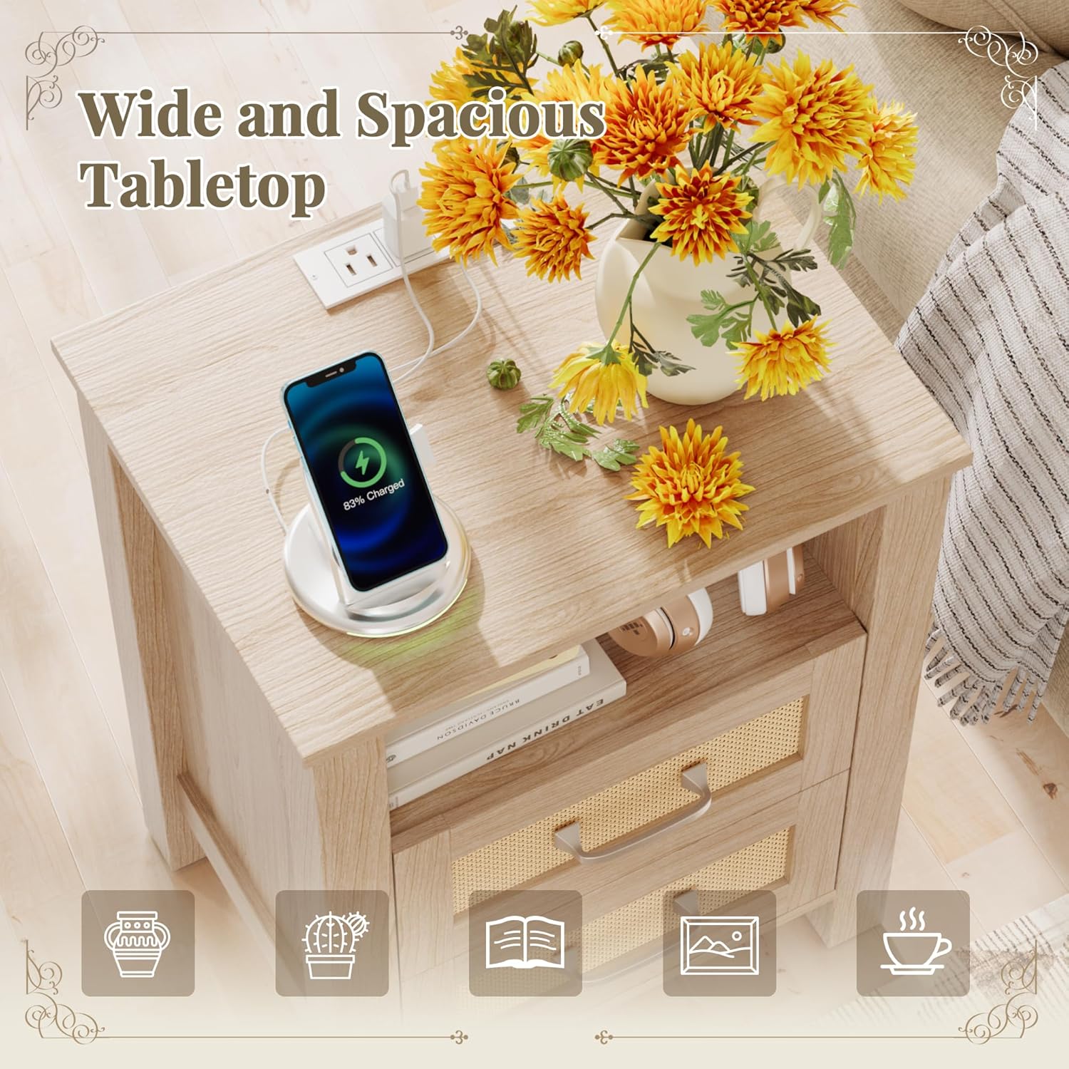 YESHOMY 26" Rattan Nightstand with Charging Station, End Table with 2 Storage Drawers & 1 Open Shelf, for Bedroom, Natural