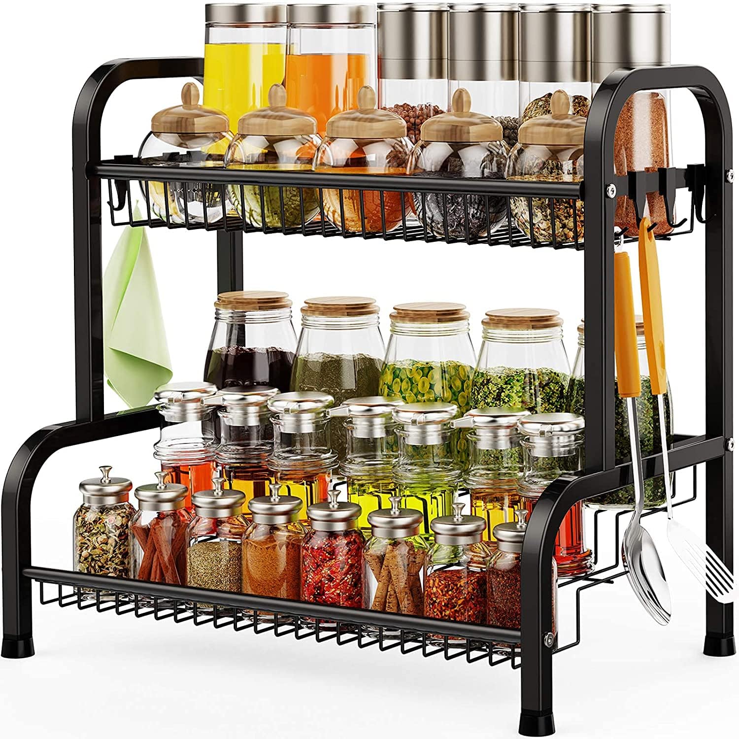 Arabest Spice Rack Organizer, 2-Tier Large Foldable Metal Spice Storage Rack for Countertops with Shelf Liner, Seasoning Organizer Spice Shelf Kitchen Counter Storage for Kitchen Office (Black)
