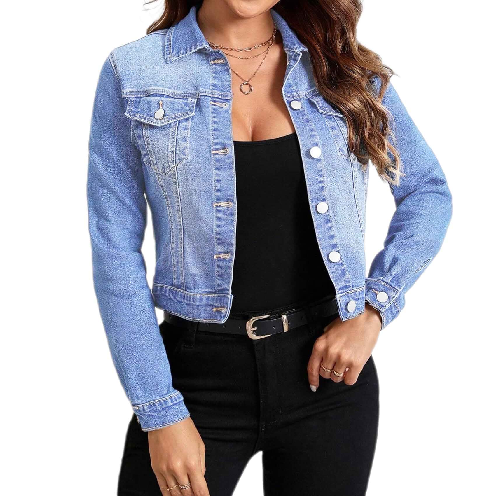 Tegmow Women Trendy Jean Jacket Stretchy Cropped Denim Jacket Long Sleeve Button Down Denim Coat