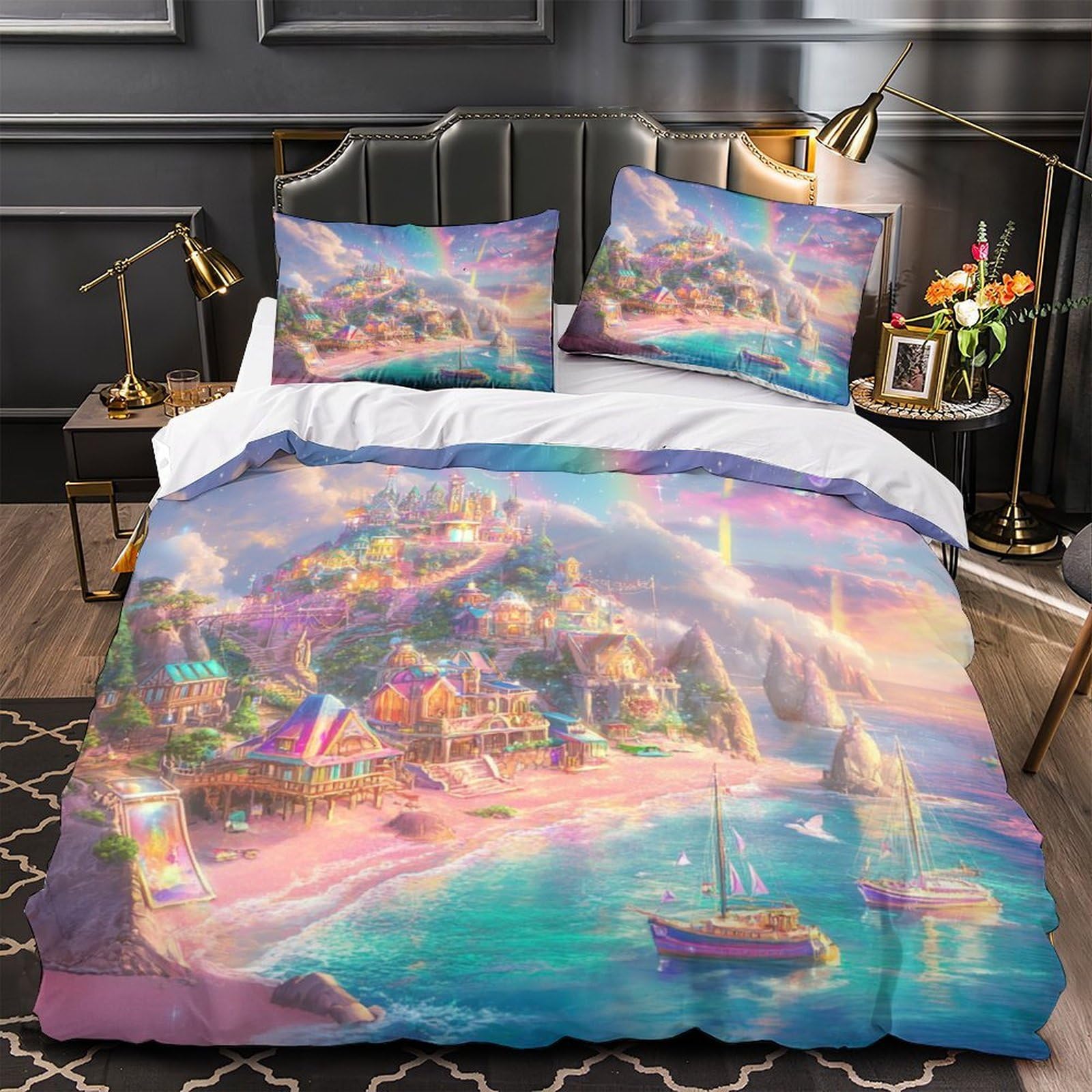 Housse de couette 3D château fantastique respirante et anti-tache 200x200cm pour lit double enfant