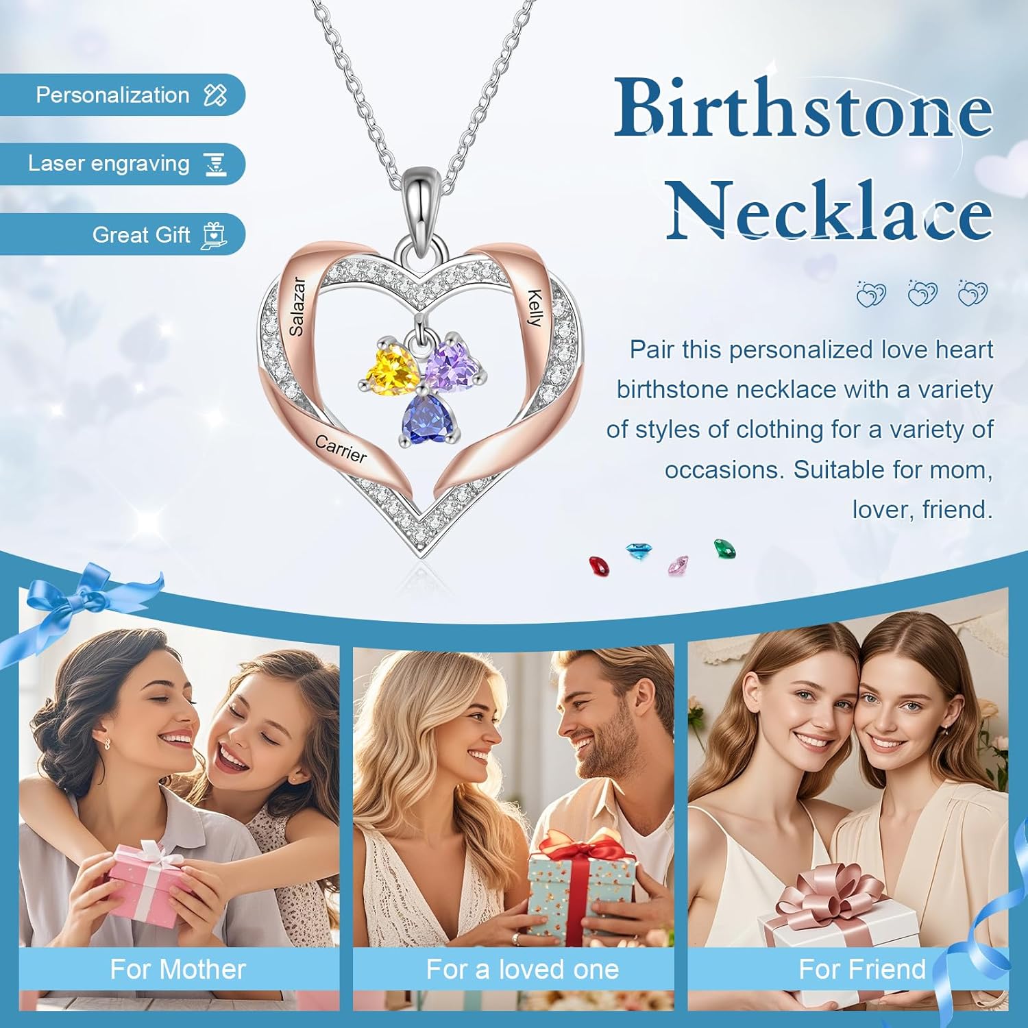 Lam Hub Fong ​Personalized Name Necklace for Women with Birthstone - Custom Silver Rose Gold Heart Charm Necklace Gift for Mom, Daughter, Wife, Mother's Day Christmas Valentines Keepsake Jewelry​