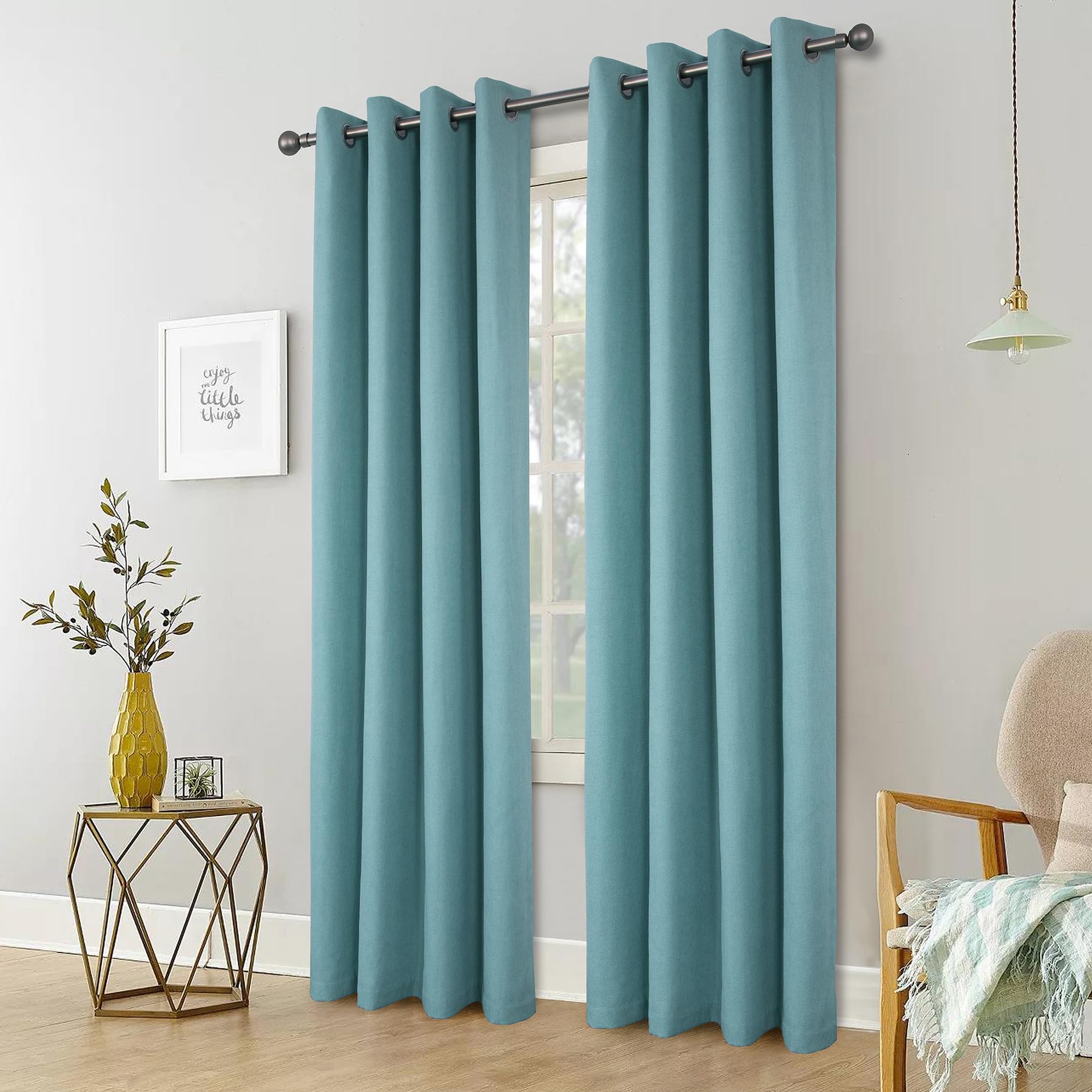 always4u Rideau Thermique Isolant Anti Froid, Rideaux Occultant 100%, Tressage Croisé Texture Semi Uni, Salon Moderne pour Salon Cuisine, Bleu Turquoise Lot de 2 140x245cm