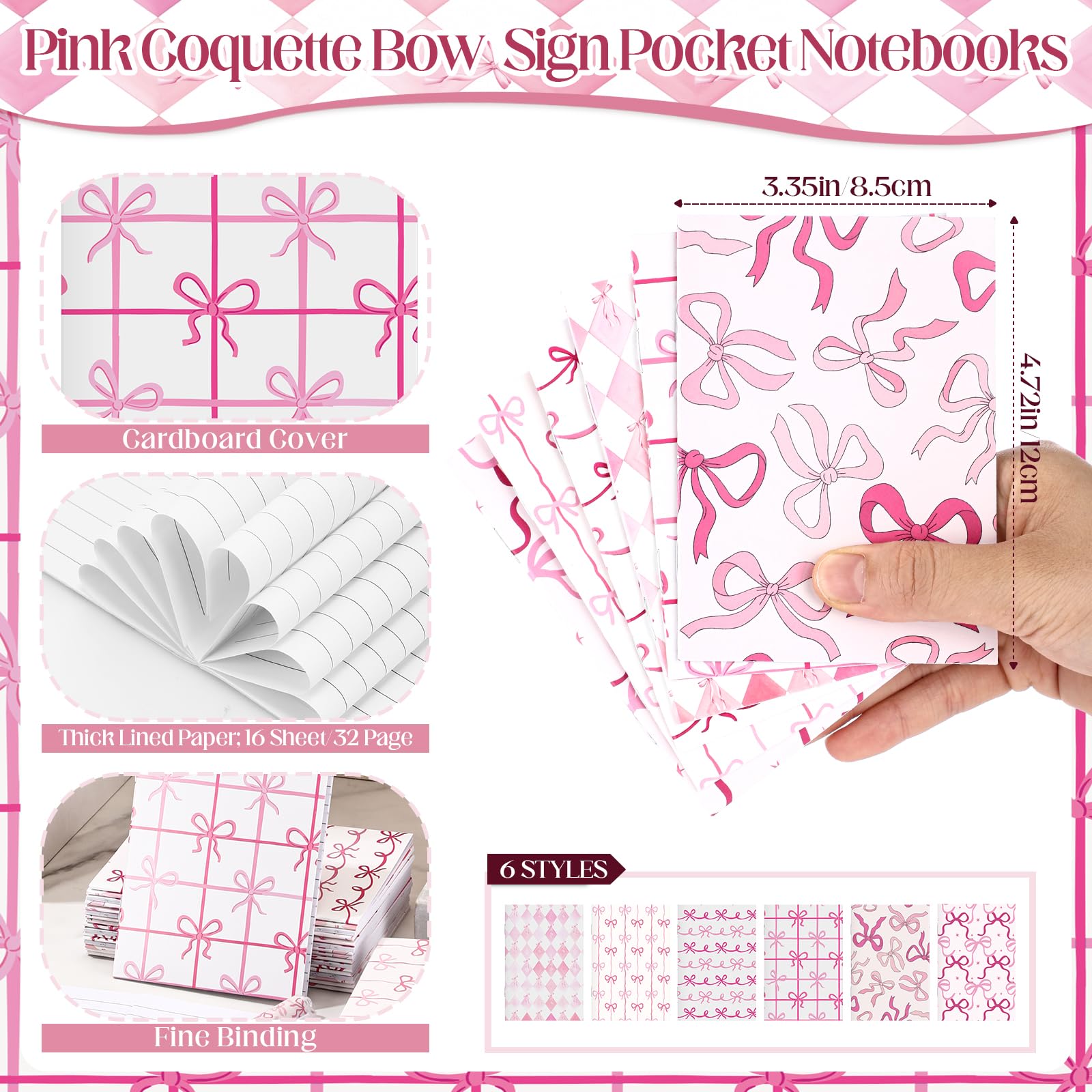 Sinload Lot de 96 blocs-notes de poche avec nœud papillon et stylos à bille, 6 styles de stylos esthétiques, pour la rentrée scolaire, le bureau, cadeau pour fille, étudiante, enseignante