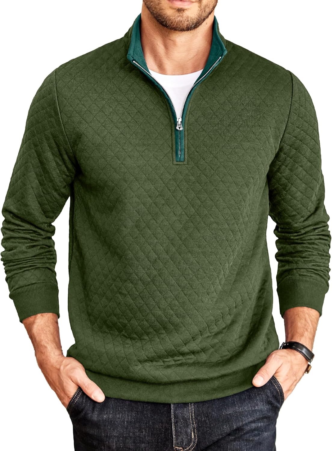 COOFANDY Mens Quarter Zip Pullover Mock Neck Quilted Sweatshirt Casual Long Sleeve Polo Sweater