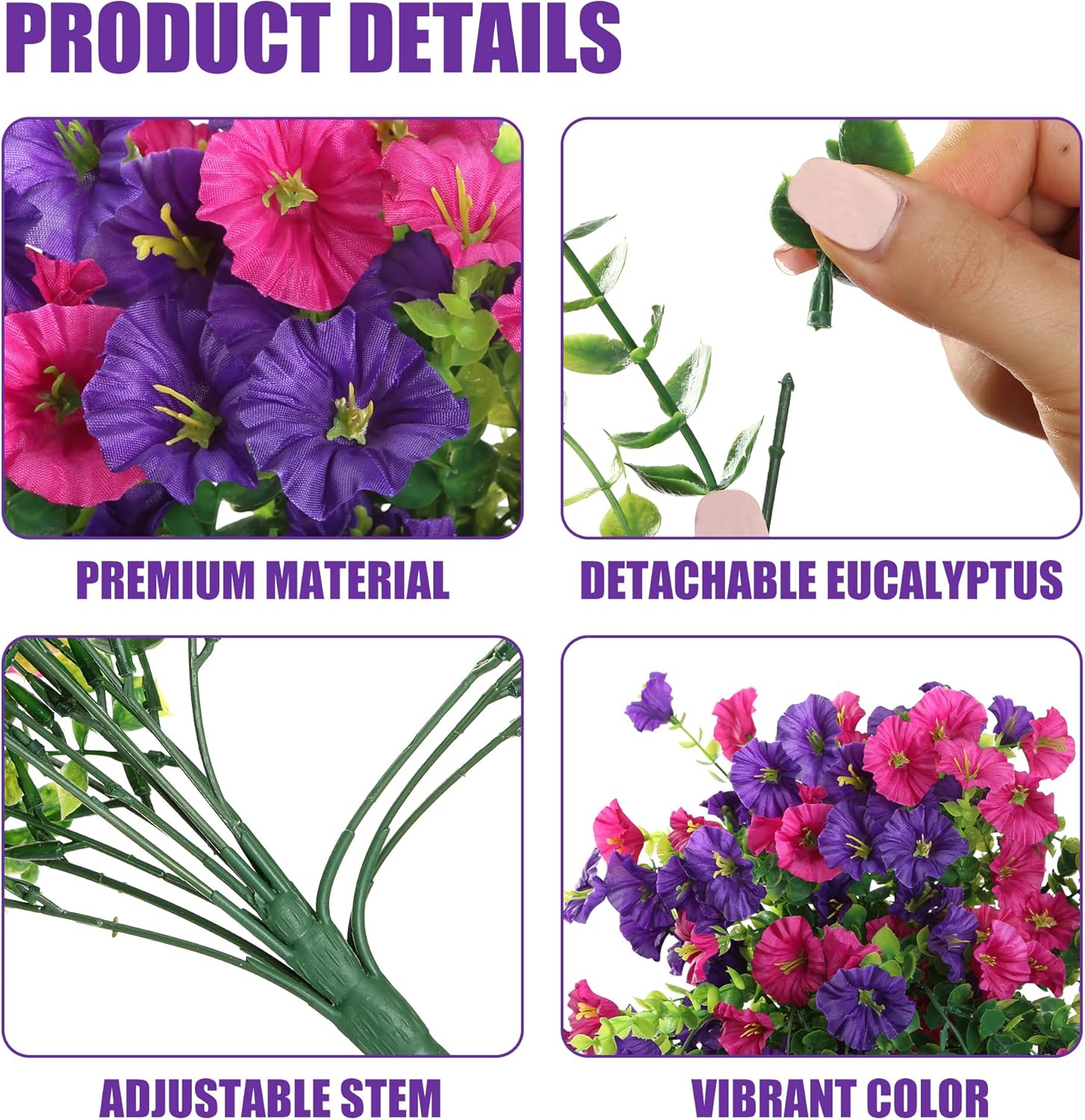 Artificial Fake Hanging Flowers Plants for Outdoor Outside Spring Summer Decoration 2PCS Faux Silk UV Resistant Realistic Morning Glory with Eucalyptus for Home Porch Patio Balcony(Purple & Magenta) - Image 6