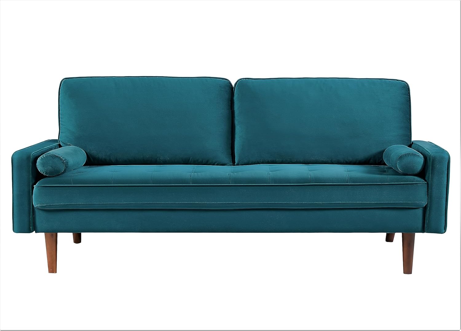 Velvet Tufted Sofas for Living Room, Classic Mid-Century Style with Modern Silhouette, Button Tufting and Wood Legs, Includes 2 Bolster Pillows, Couch, Greenish Blue