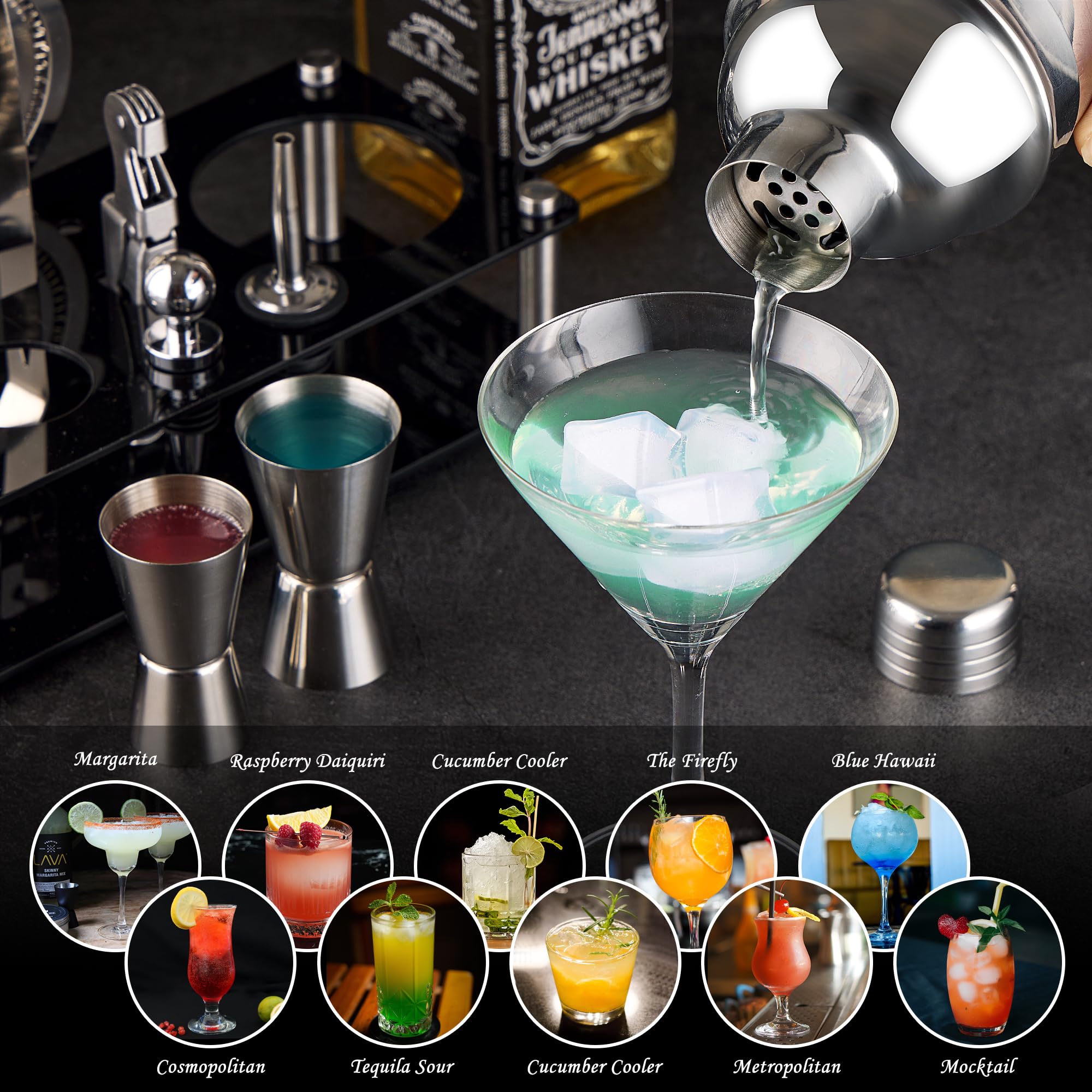 Set shaker per cocktail barista: kit da barista in acciaio inox da 15 pezzi con barre di supporto in acrilico con tutti i pratici accessori da bar, strumenti da bar per miscelare bevande, bar, casa
