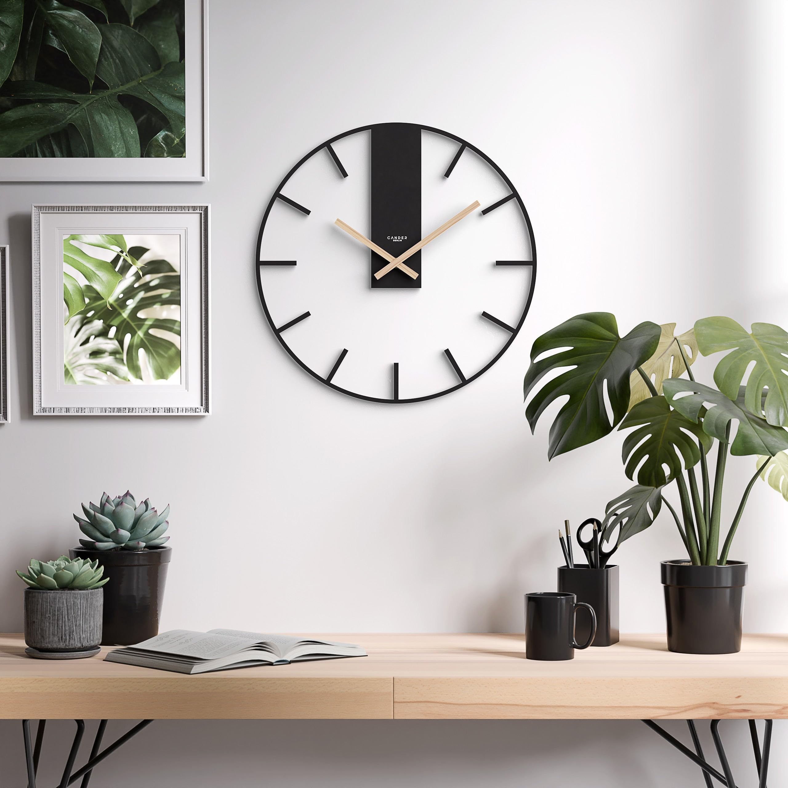 Cander Berlin Juna XXL Vintage Wanduhr lautlos 40 cm MDF Holz-Zeiger ohne Tickgeräusche groß modern schwarz Wohnzimmer Küche