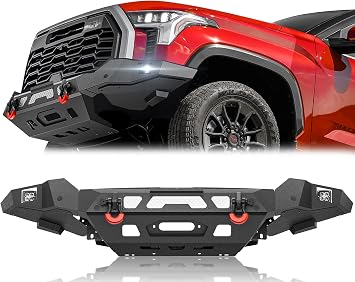 YZONA Pickup Truck Front Bumper Compatible with 2022 2023 2024 2025 Toyota Tundra with Winch Plate, Skid Plate, License Plate Frame, 2 x 18W LED Lights, Sensor Holes, Paintable Decor & D-Rings, Black