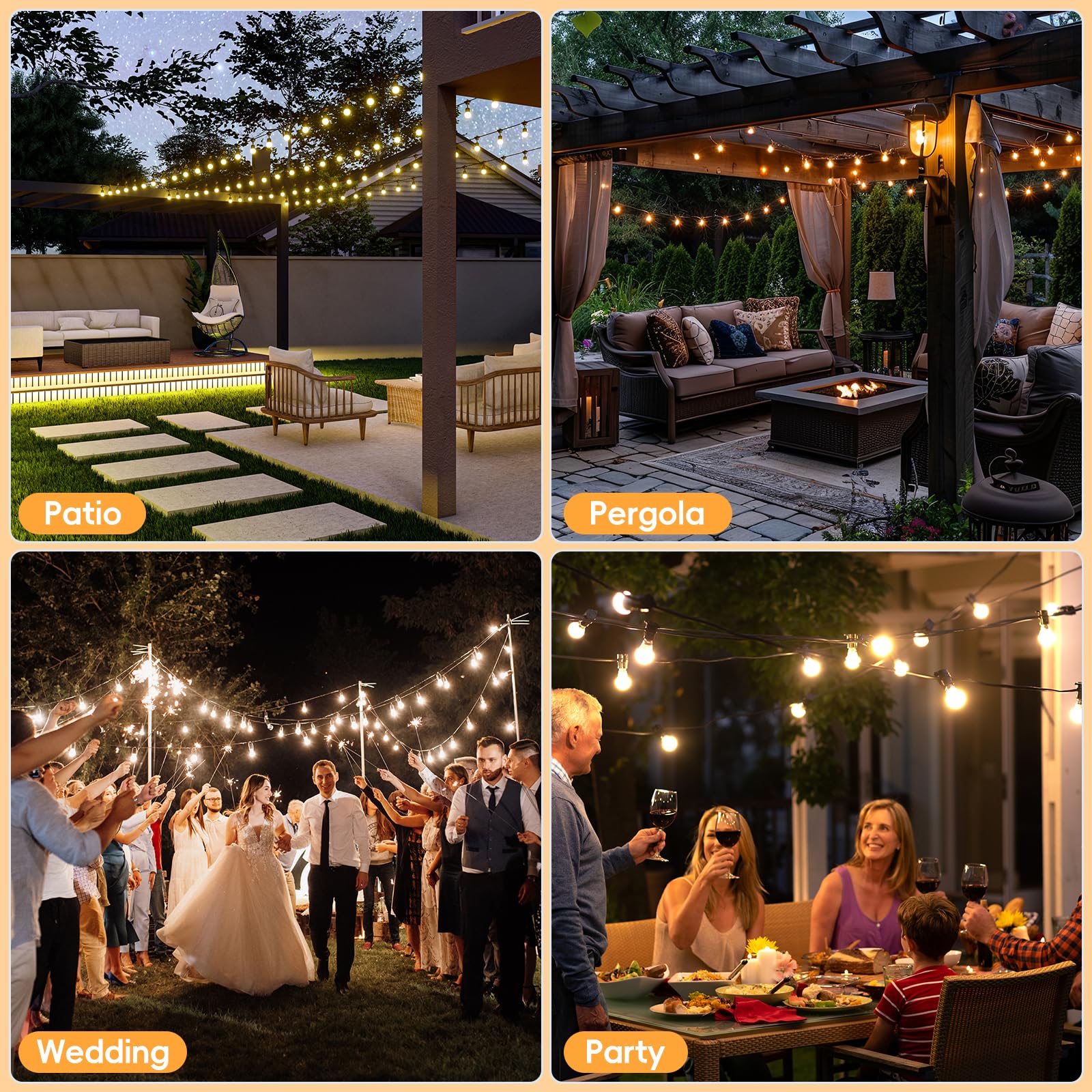 Stringa di luci solari da giardino all'aperto, 30 m, luci solari per esterni, con 50+2 lampadine LED infrangibili G40, luci impermeabili, 8 modalità a distanza, per pergola, gazebo, patio