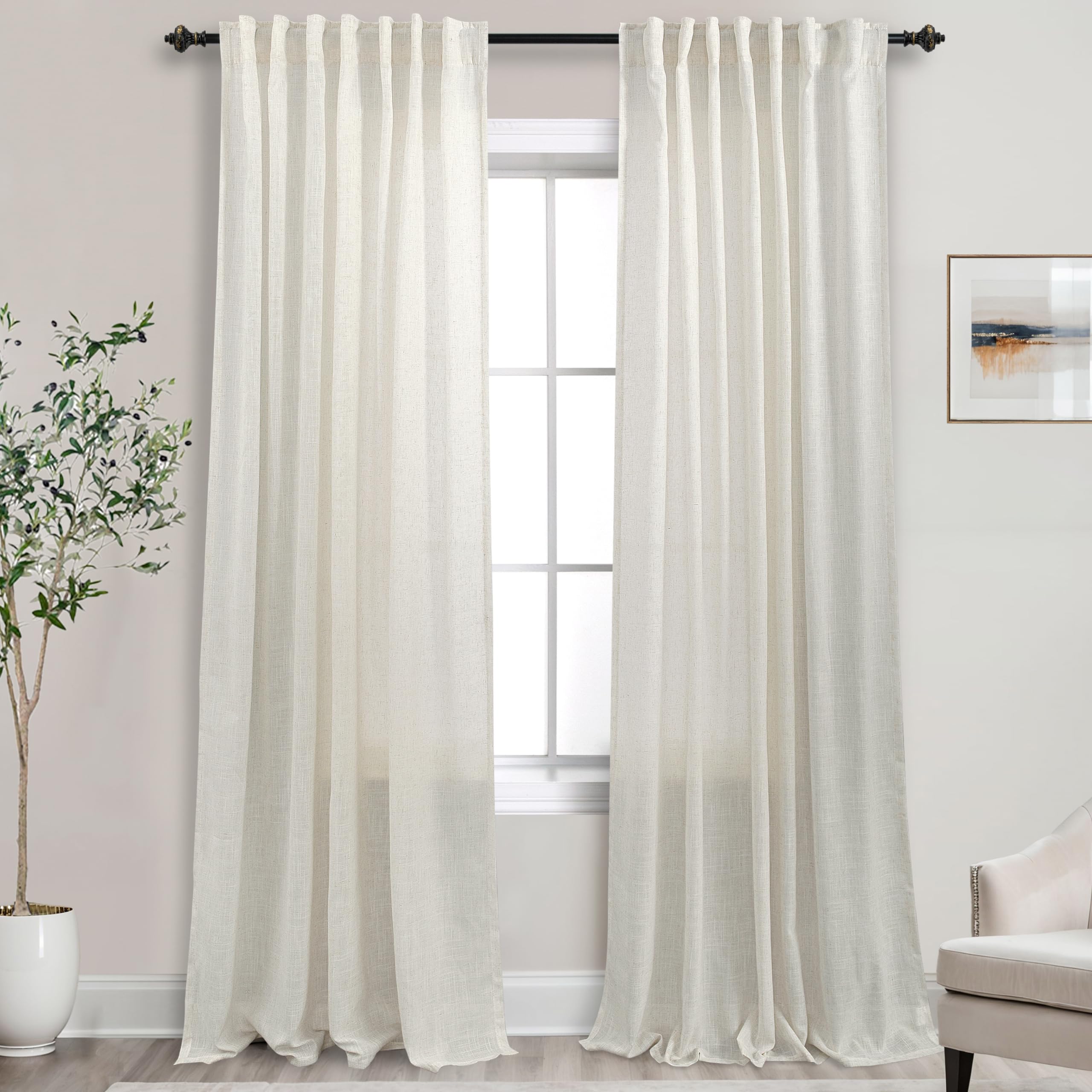 Cream Beige Back Tab Linen Textured Curtains 120 Inch Length for Living Room Bedroom, 10FT Tall Extra Long Boho Natural Ivory Semi Sheer Window Drapes
