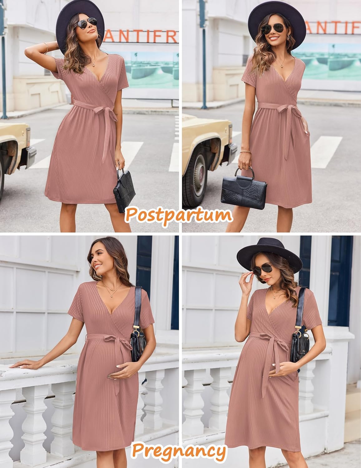 Ekouaer Women Short Sleeve Maternity Nursing Dress Casual V Neck Breastfeeding Loungewear Ribbed Knit Pregnancy Dresses S-XXL - Image 2