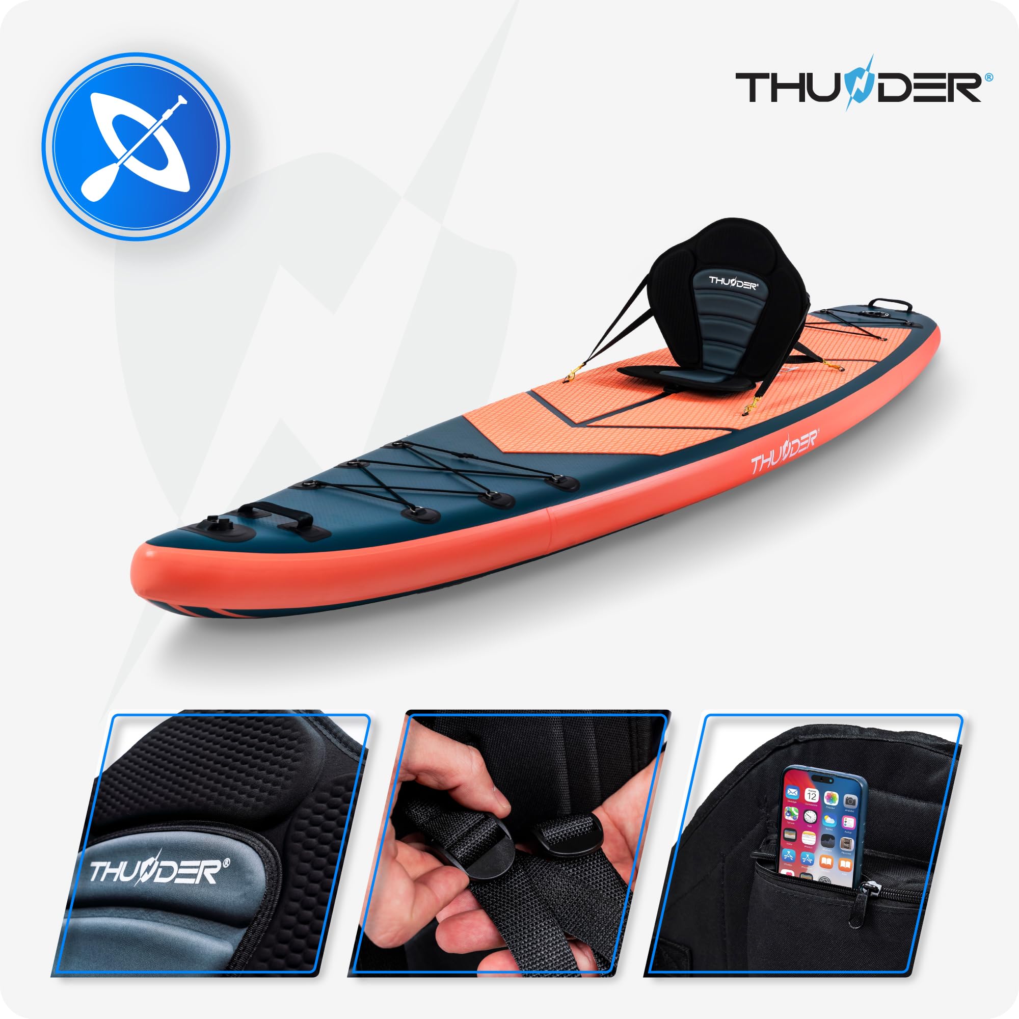 THUNDER Sup Gonflable 365 cm avec Siège Kayak & Support Caméra – Set Touring Complet avec Pompe, Pagaie & Sac à roulettes – Sup Pro jusqu'à 150 kg