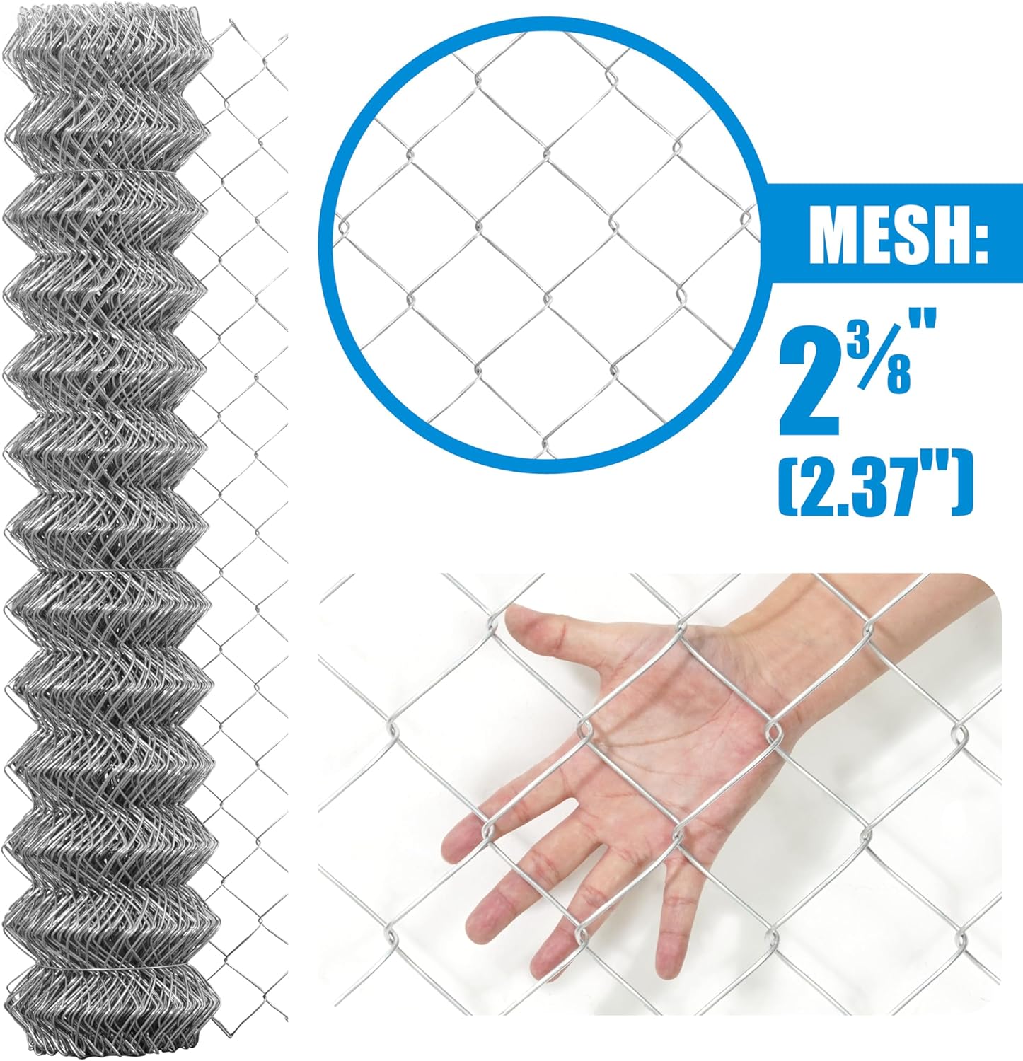 Fencer Wire 11.5 Gauge Galvanized Steel Chain Link Fence Fabric, Diamond Mesh Size 2-3/8 Inch, Galvanized Fencing Wire Roll for Home Improvement and Animals Enclosure (4ft. x 50ft.)