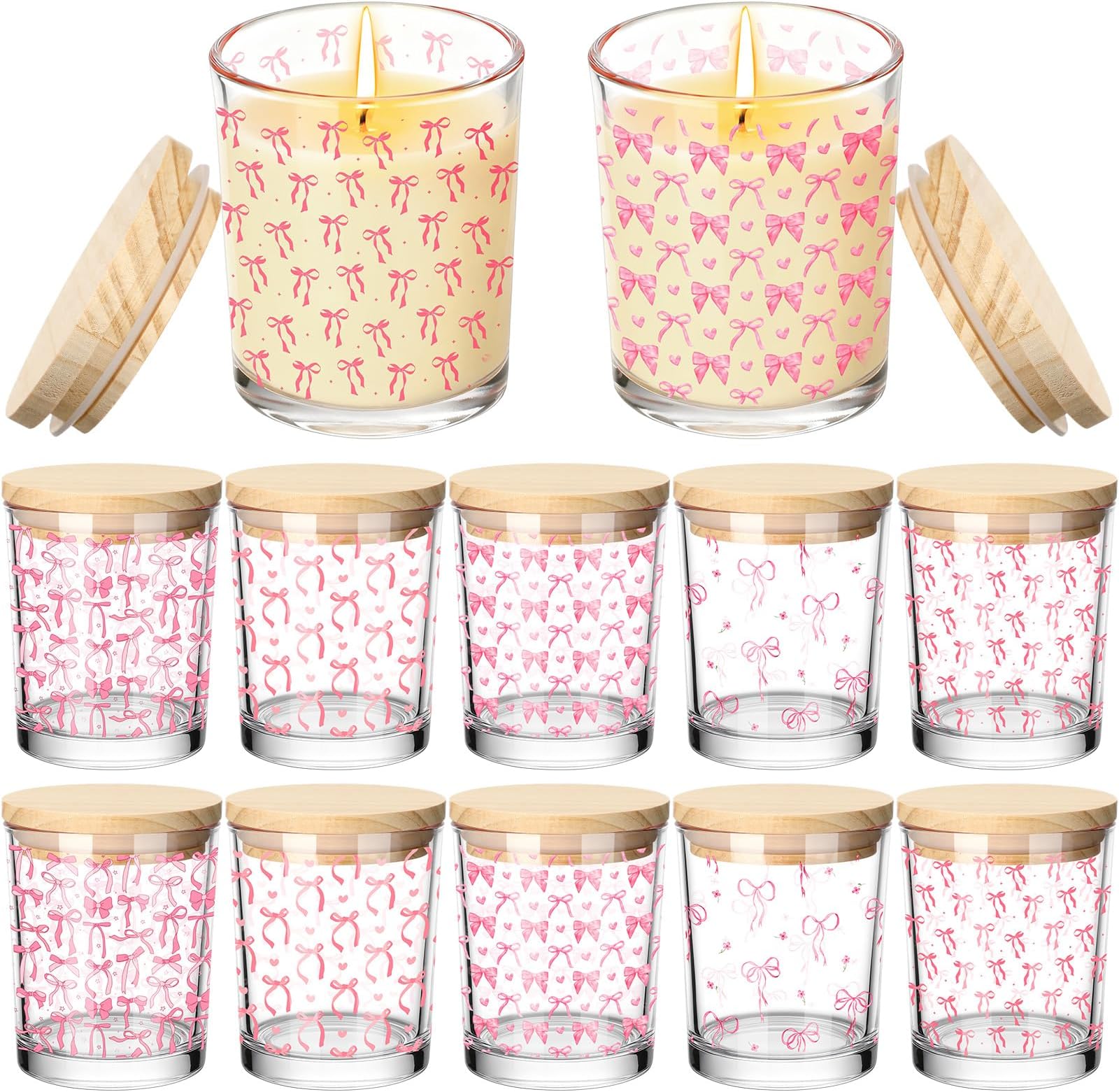 10 Pcs Pink Bow Christmas Glass Candle Jars Empty Containers Bulk 7 oz Glass Jars with Cork Lids Tins for Xmas Holiday Candle Making Storing Biscuits Tea Party Favors