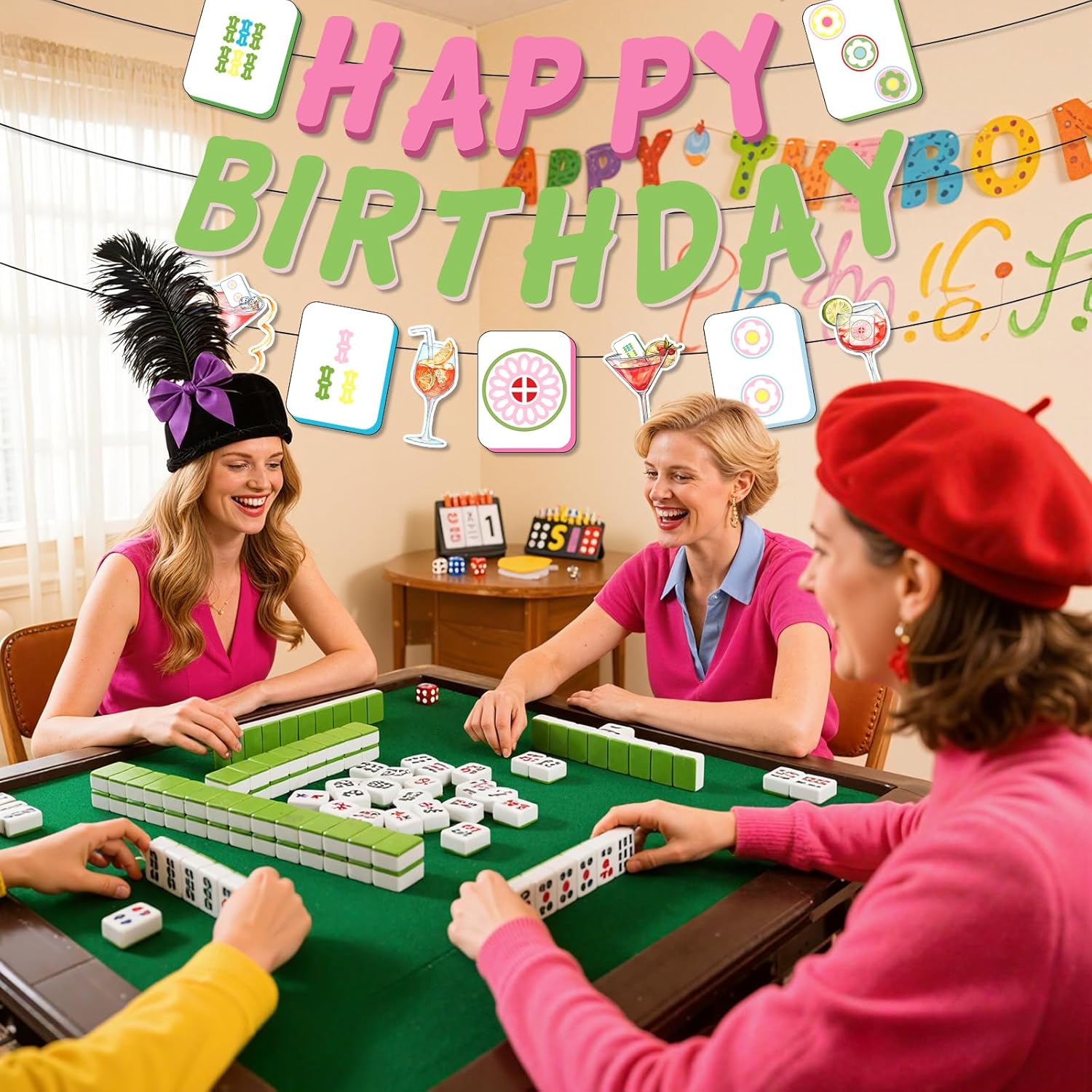 Mahjong Cocktail Party Decorations, Mah Jong Happy Birthday Banner Pink and Green Mahjong Themed Bunting Sign Banner for Game Night Celebration Ladies Birthday Party Supplies