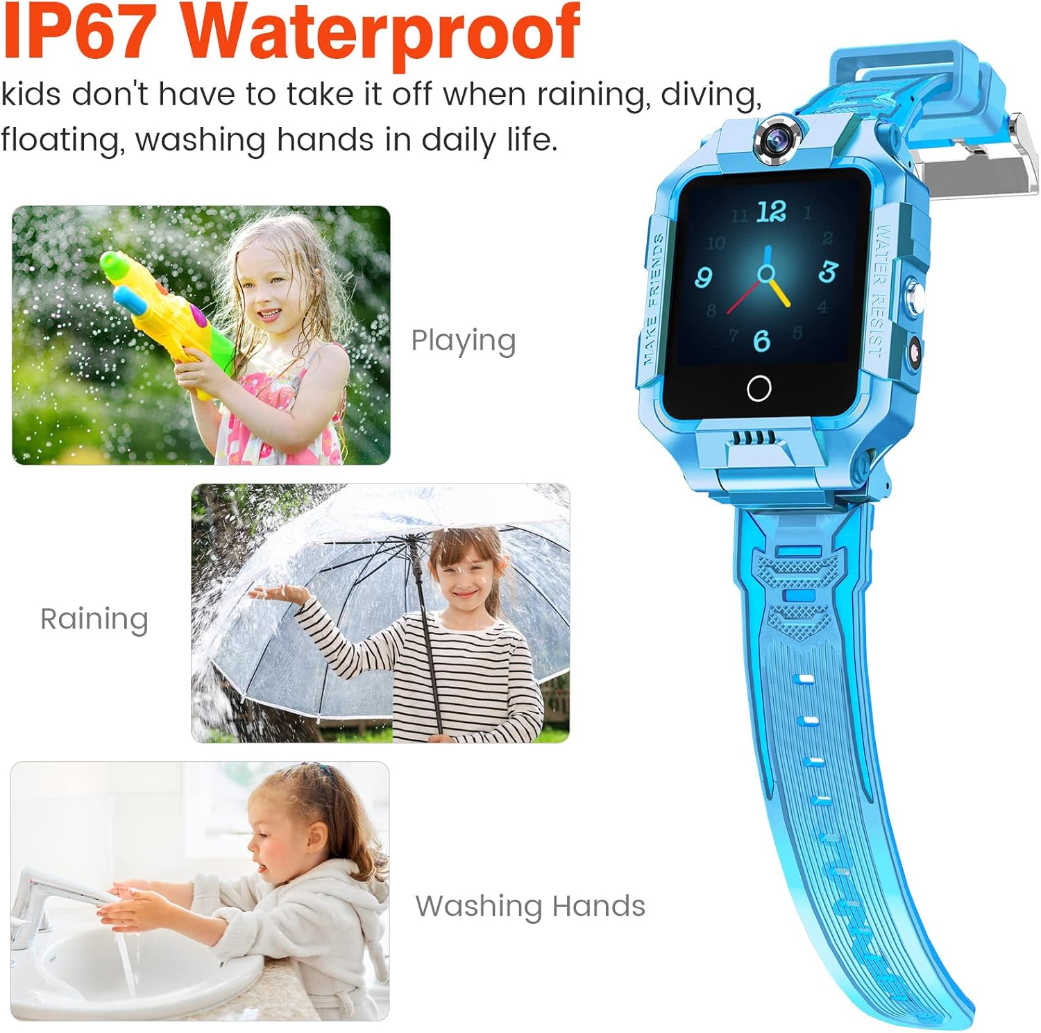 Smartwatch being worn by children playing in water, illustrating IP67 waterproof feature
