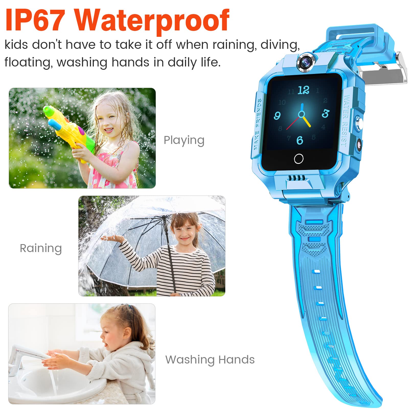 Ele ELEOPTION 4G smartwatch GPS per bambini Contapassi IP67 WiFi videochiamata SOS azioni 360° doppia fotocamera Smart Watch per ragazze e ragazzi (azzurro)
