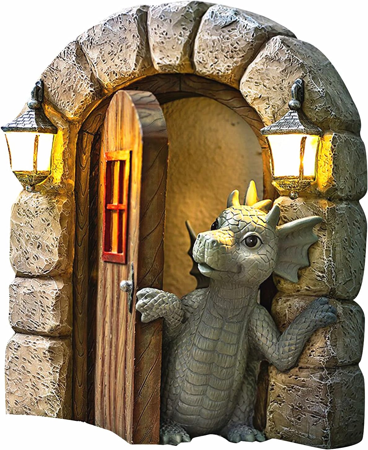 HOWADE Courtyard Dragon Sculpture Wall Decoration,Lovely Resin Garden Dragon Statue,Little Dragon Peeping Out of The Front Door Art Figurines Decor Ornaments for Patio Yard(Unreal Led)