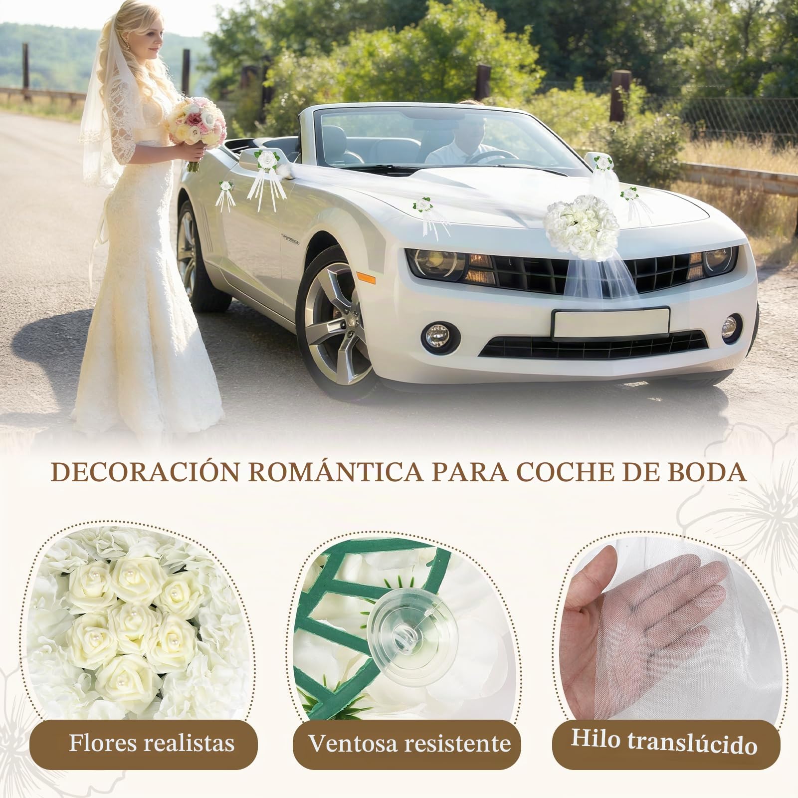 Decoración para Coche de Boda en Forma de Corazón, Set con 1 Guirnalda Corazón, 4 Flores para Manijas, 2 Cintas de Tul (1,8m), etc. – Para "Just Married", Despedida de Soltera y Ceremonia