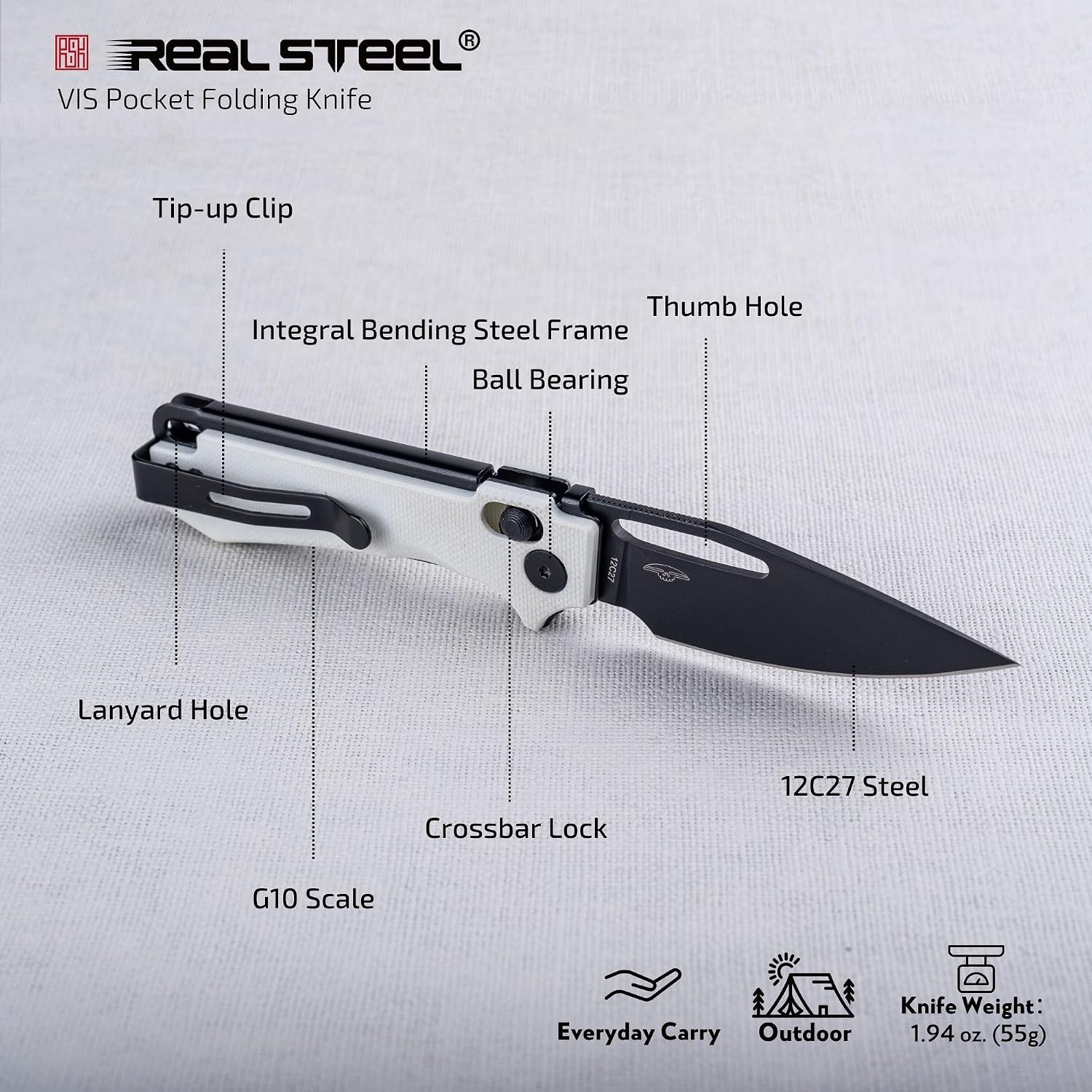 REALSTEEL VIS Pocket Knife, Folding Knife, Crossbar Lock, 2.72" Small 12C27 Steel PVD Black Blade, Thumb Hole, G10 Handle, 1.94oz, Pocket Clip, Versatile Outdoor Indoor EDC Knife, Gifts for Men Women Camping Hiking Fishing Climbing (White G10/Black)