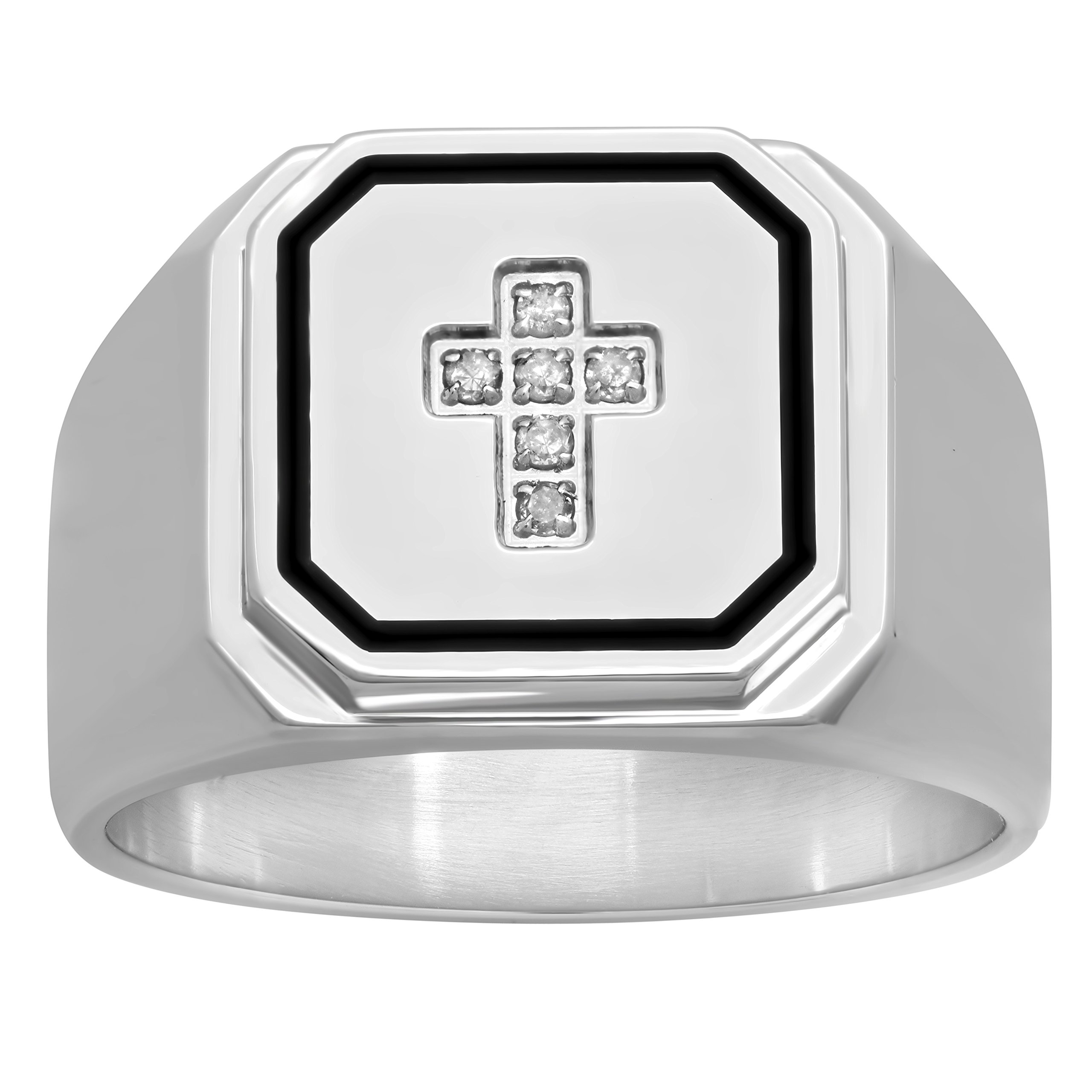 STEEL NATION JEWELRY Men’s Stainless Steel.05 ctw Diamond Accent Cross Ring with Bold Black Border